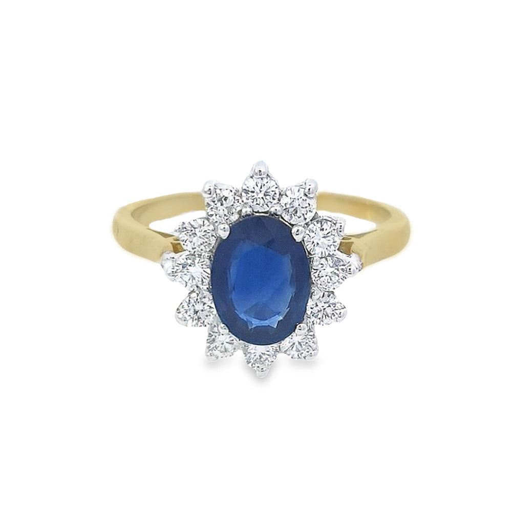 Oval Cut 1.41ct Sapphire & 0.52ct Diamond Cluster Ring Set in 18ct Gold