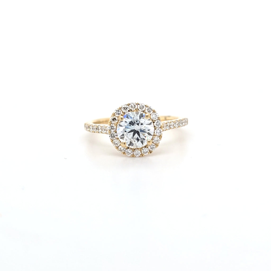 1.44ct F/VS LAB Diamond Halo Ring with Diamond Shoulders set in 9ct Yellow Gold