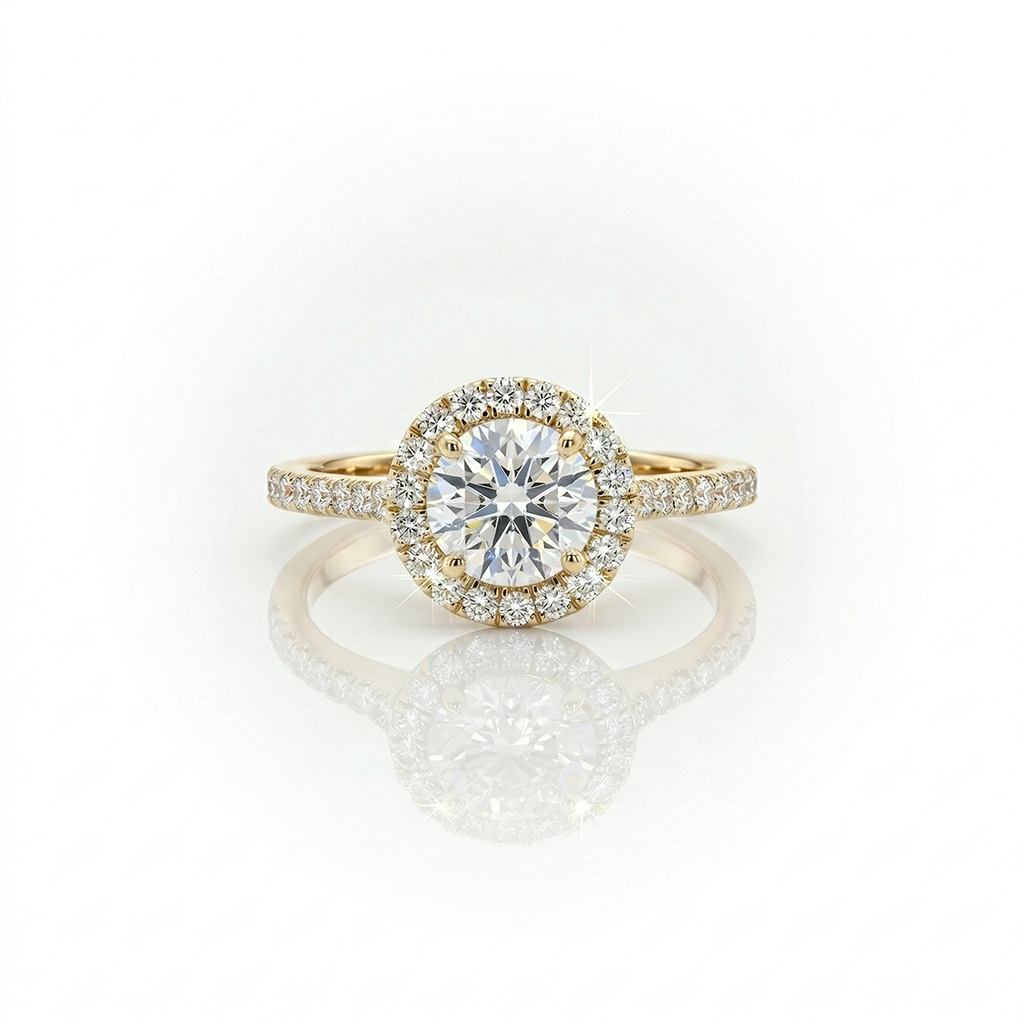 1.44ct F/VS LAB Diamond Halo Ring with Diamond Shoulders set in 9ct Yellow Gold