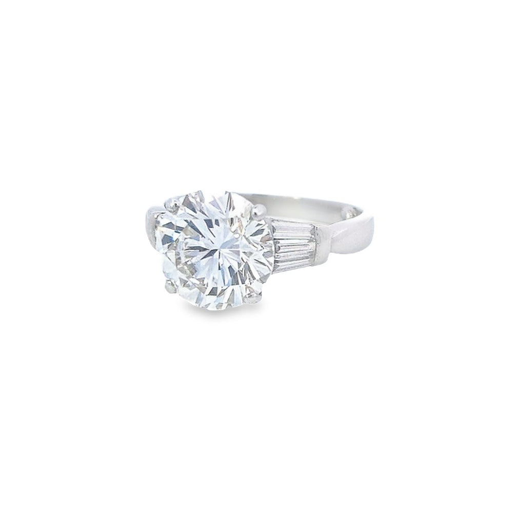 GIA 4.51ct J/SI1 Round Brilliant Cut Diamond Solitaire Ring with Tapered Baguette Shoulders Set in 18ct White Gold