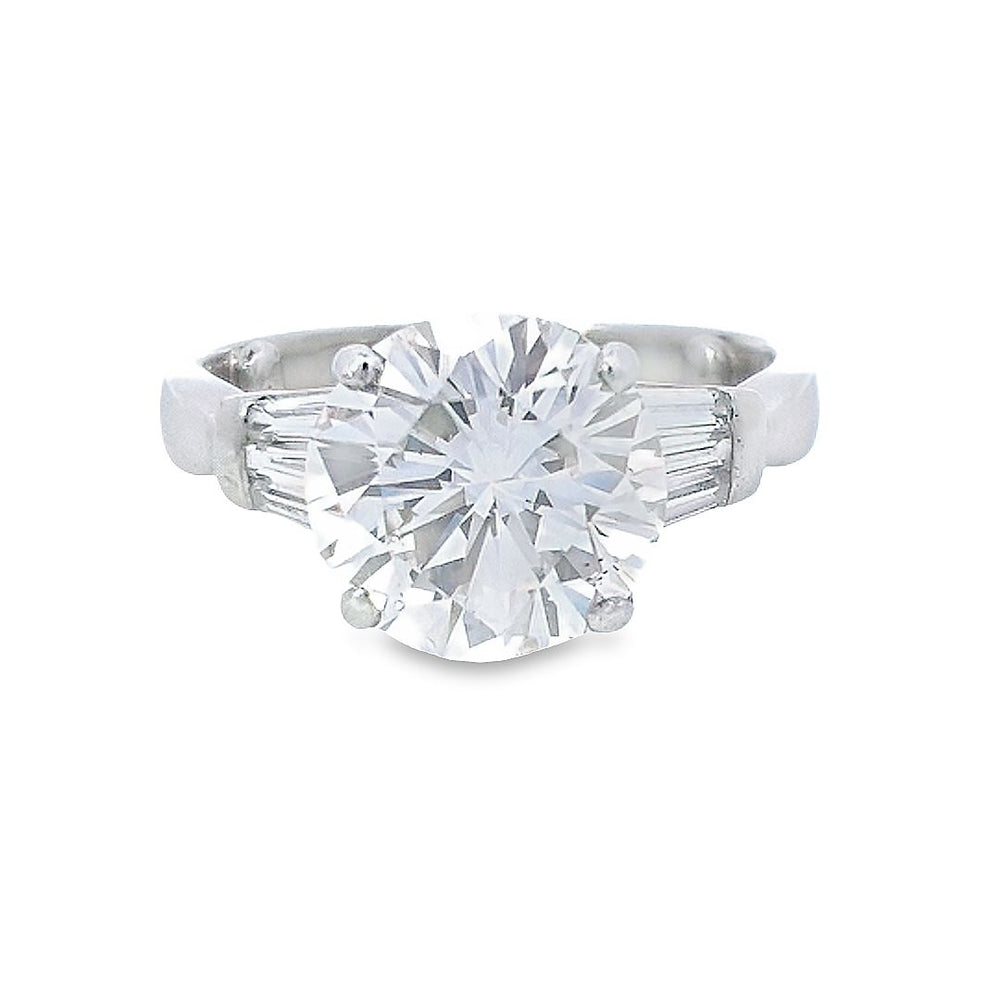GIA 4.51ct J/SI1 Round Brilliant Cut Diamond Solitaire Ring with Tapered Baguette Shoulders Set in 18ct White Gold