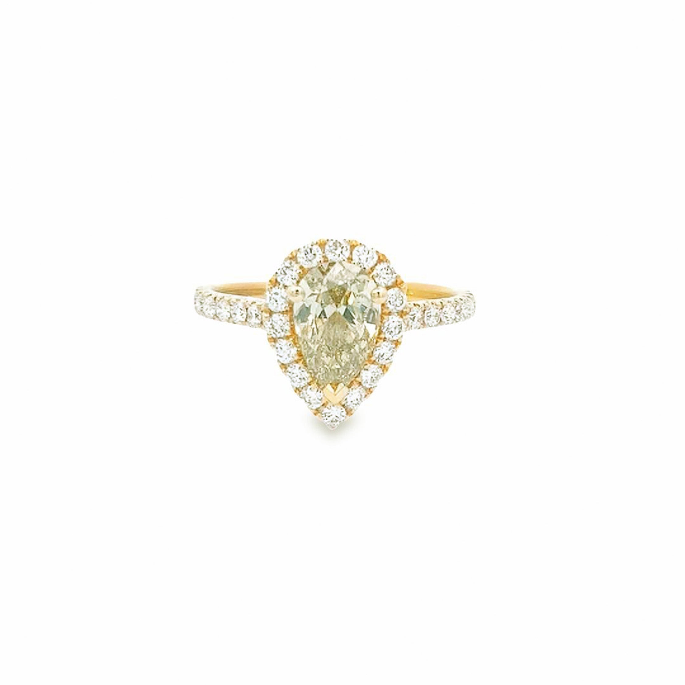 GIA 1.01ct Fancy Brownish Greenish Yellow Pear Cut Diamond Halo Ring Set in 18ct Yellow Gold