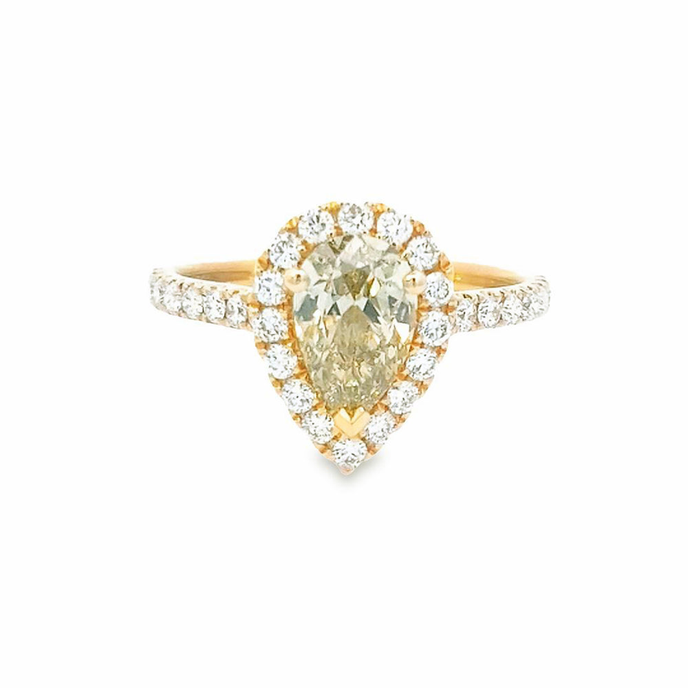 GIA 1.01ct Fancy Brownish Greenish Yellow Pear Cut Diamond Halo Ring Set in 18ct Yellow Gold