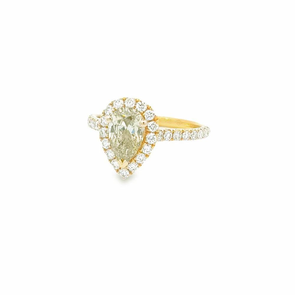 GIA 1.01ct Fancy Brownish Greenish Yellow Pear Cut Diamond Halo Ring Set in 18ct Yellow Gold