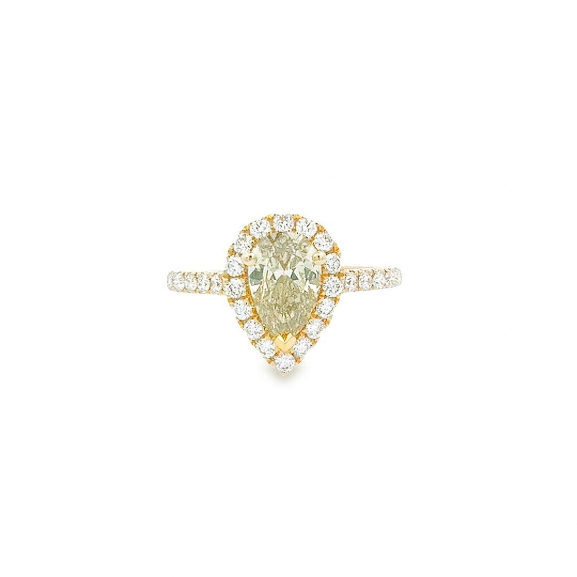 GIA 1.01ct Fancy Brownish Greenish Yellow Pear Cut Diamond Halo Ring Set in 18ct Yellow Gold