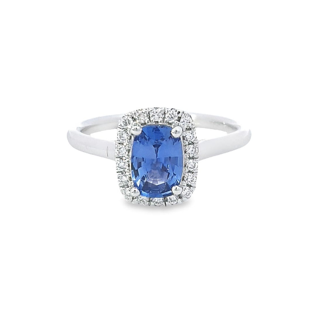 Cushion Cut Sapphire & Diamond Halo Ring Set in Platinum
