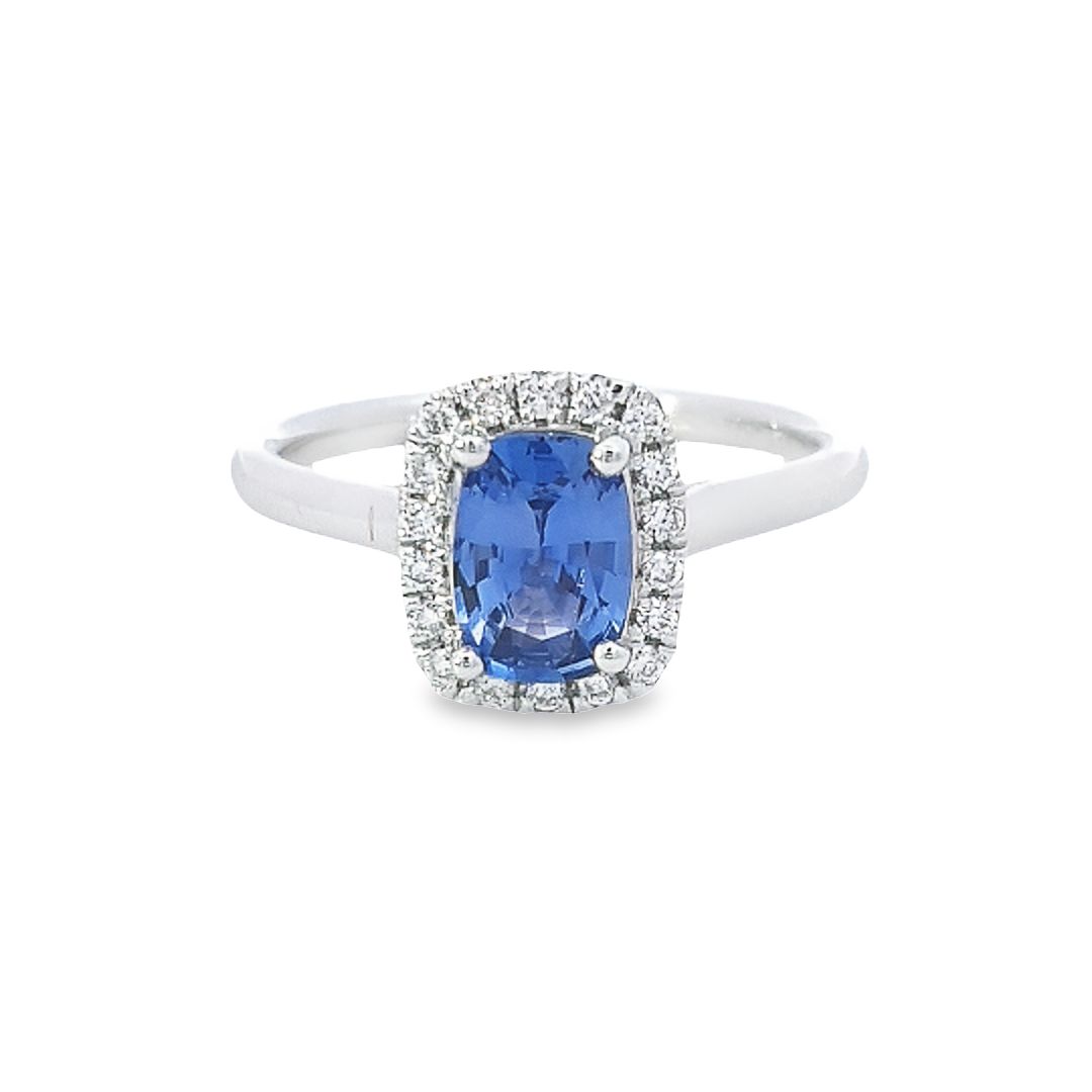 Cushion Cut Sapphire & Diamond Halo Ring Set in Platinum