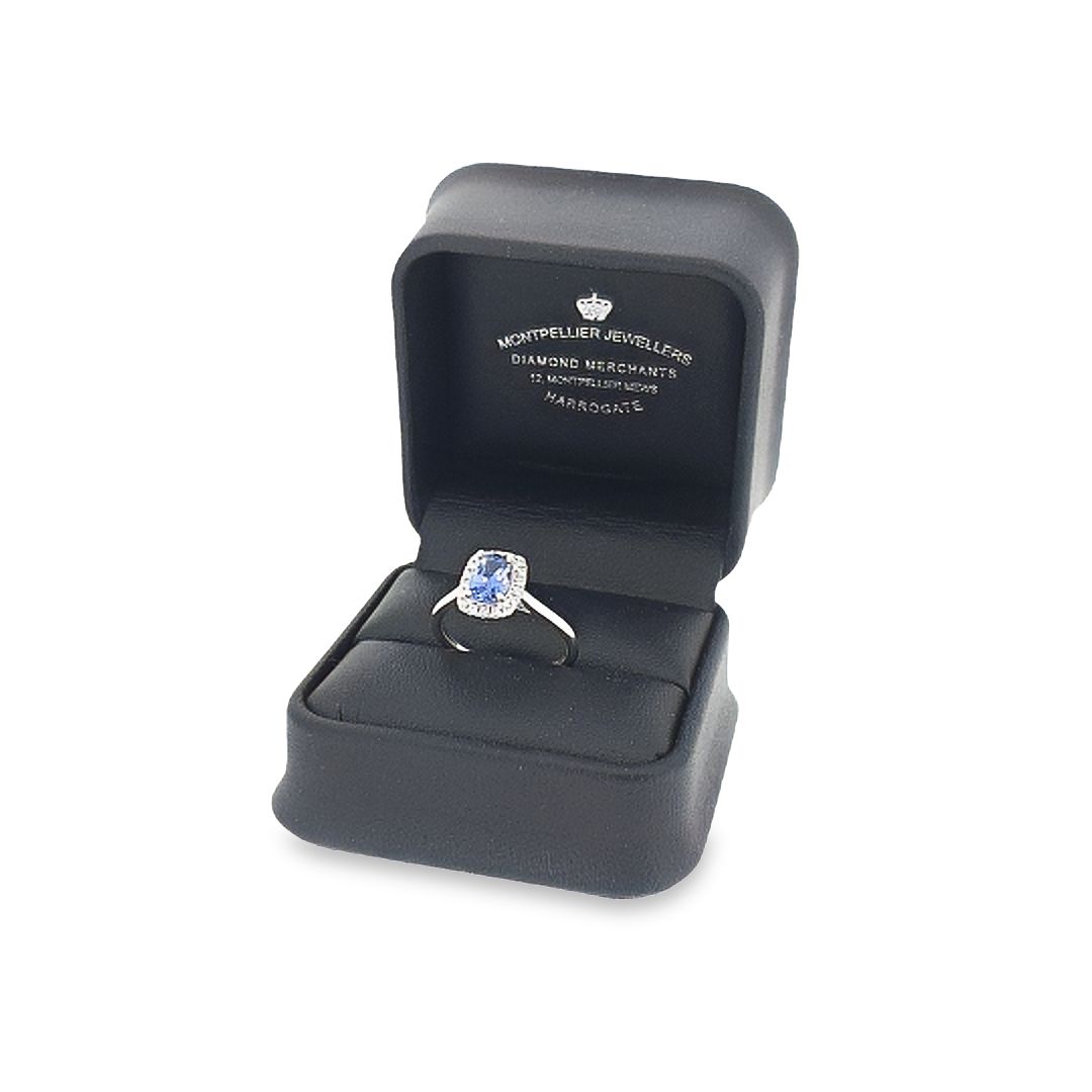 Cushion Cut Sapphire & Diamond Halo Ring Set in Platinum