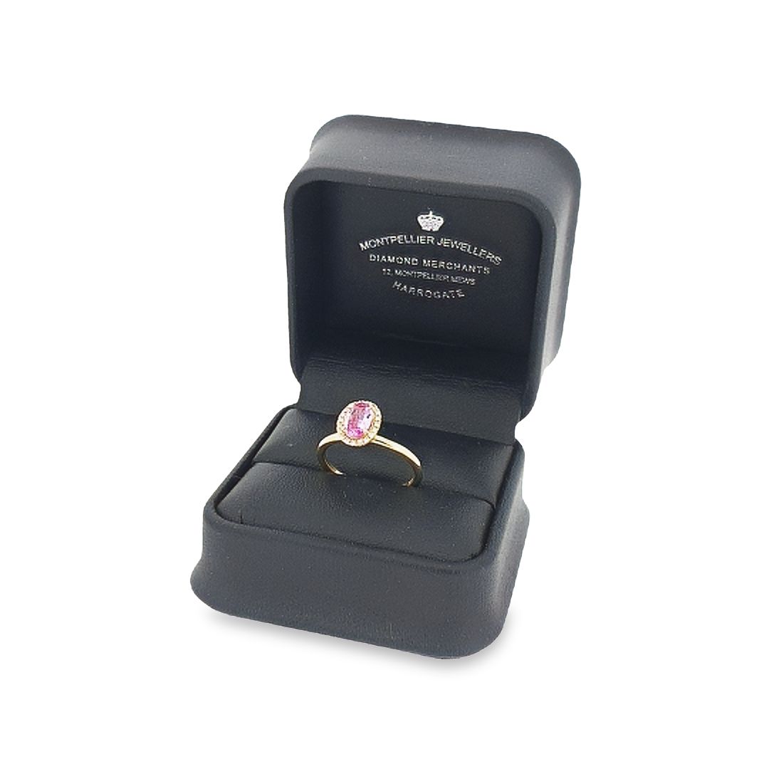 Oval Sapphire & Diamond Halo Ring Set in 18ct Yellow Gold