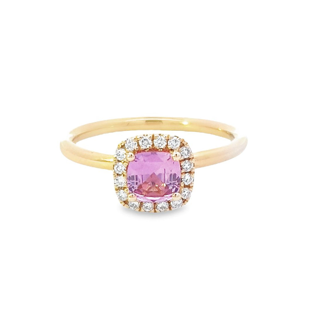 Cushion Cut Sapphire & Diamond Halo Ring Set in 18ct Yellow Gold