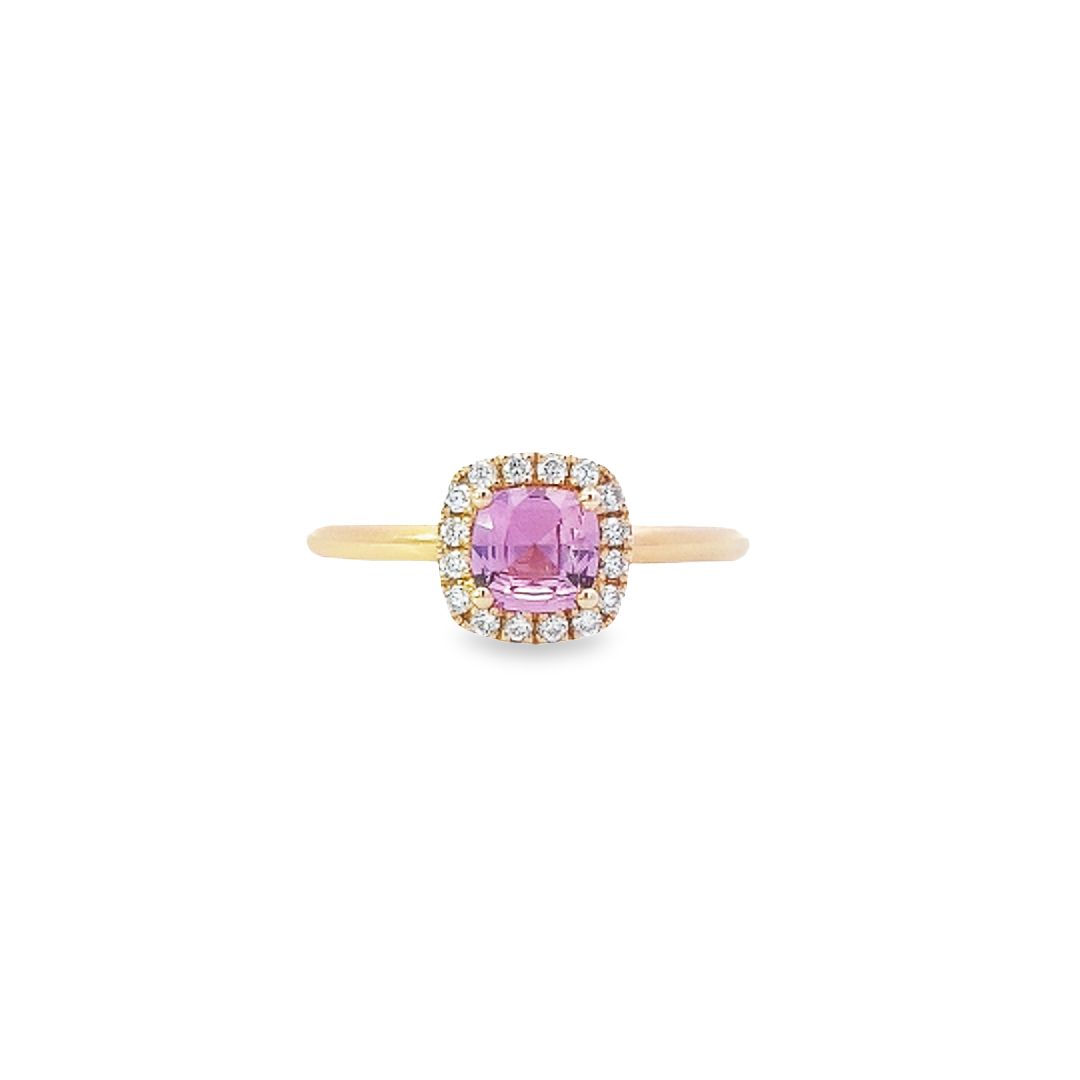 Cushion Cut Sapphire & Diamond Halo Ring Set in 18ct Yellow Gold