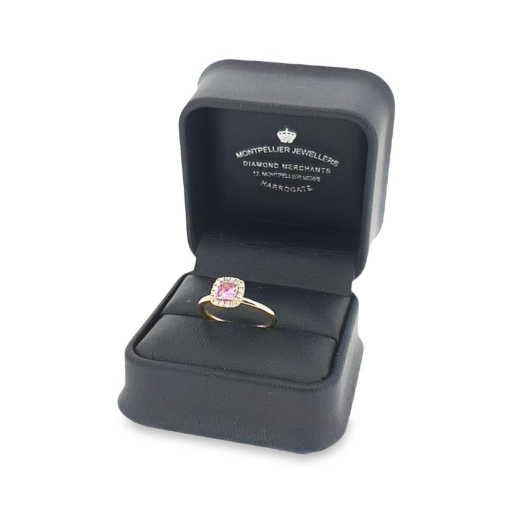 Cushion Cut Sapphire & Diamond Halo Ring Set in 18ct Yellow Gold