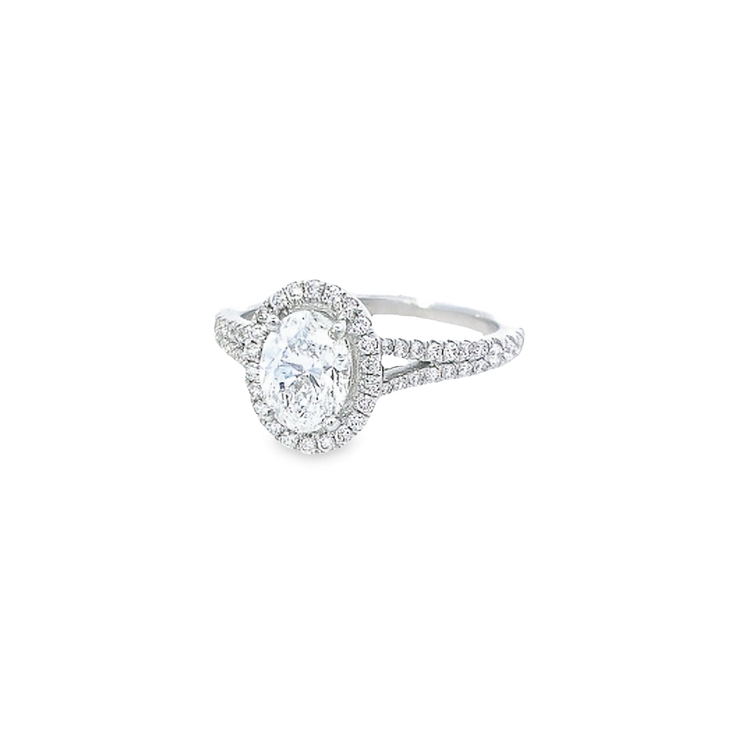 GIA 1.00ct E/VS2 Oval Cut Diamond Halo Ring set in Platinum