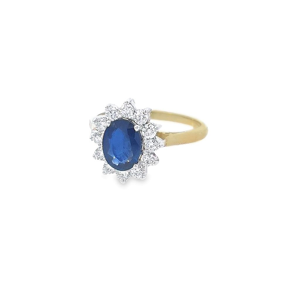 Oval Cut 1.41ct Sapphire & 0.52ct Diamond Cluster Ring Set in 18ct Gold