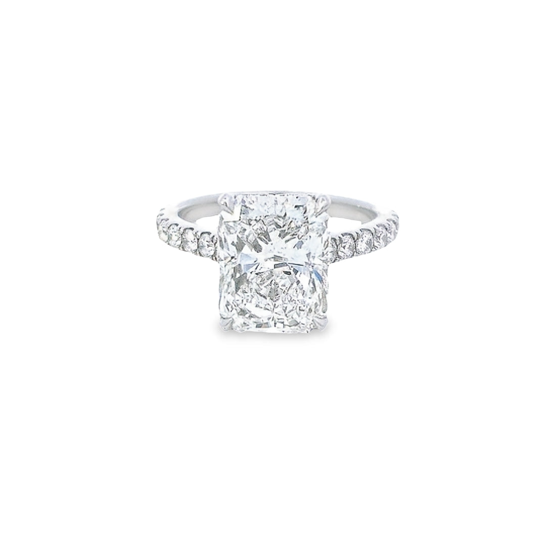 GIA 5.02ct H/SI1 Radiant Cut Diamond Solitaire set in Platinum with Diamond Band - Montpellier Jewellers