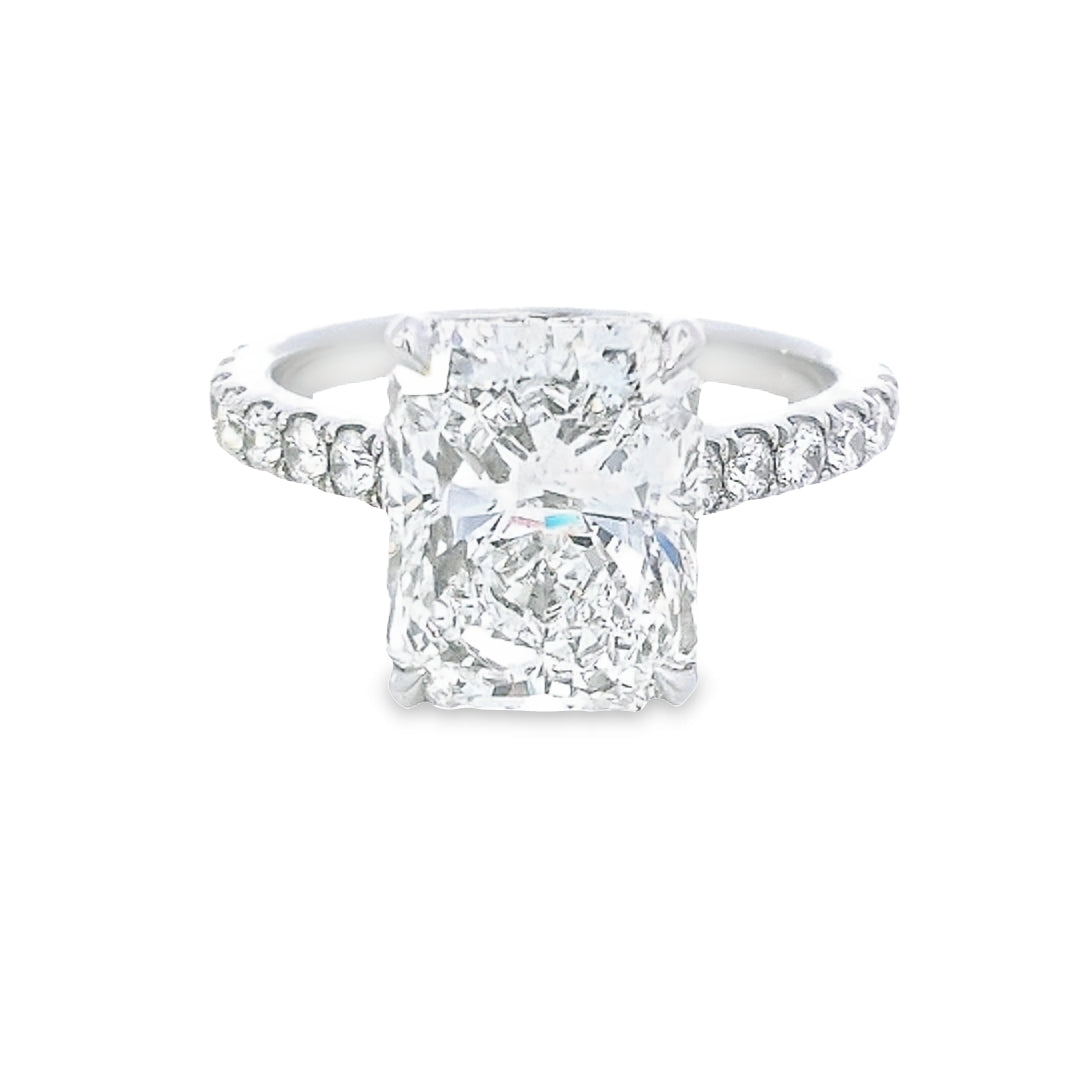 GIA 5.02ct H/SI1 Radiant Cut Diamond Solitaire set in Platinum with Diamond Band - Montpellier Jewellers