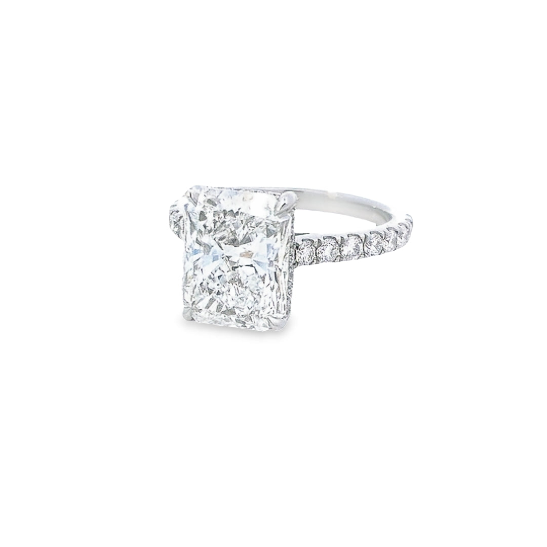 GIA 5.02ct H/SI1 Radiant Cut Diamond Solitaire set in Platinum with Diamond Band - Montpellier Jewellers