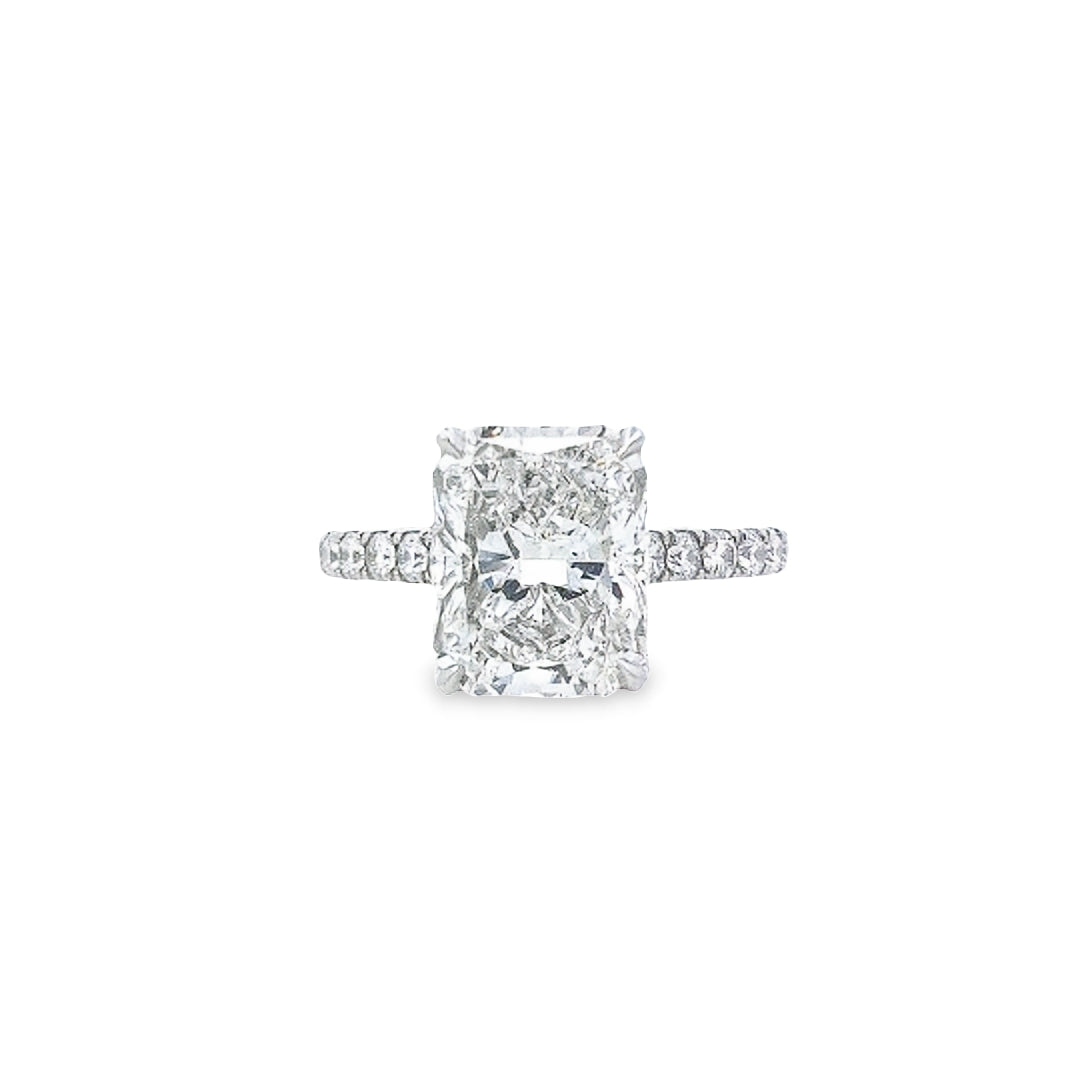 GIA 5.02ct H/SI1 Radiant Cut Diamond Solitaire set in Platinum with Diamond Band - Montpellier Jewellers