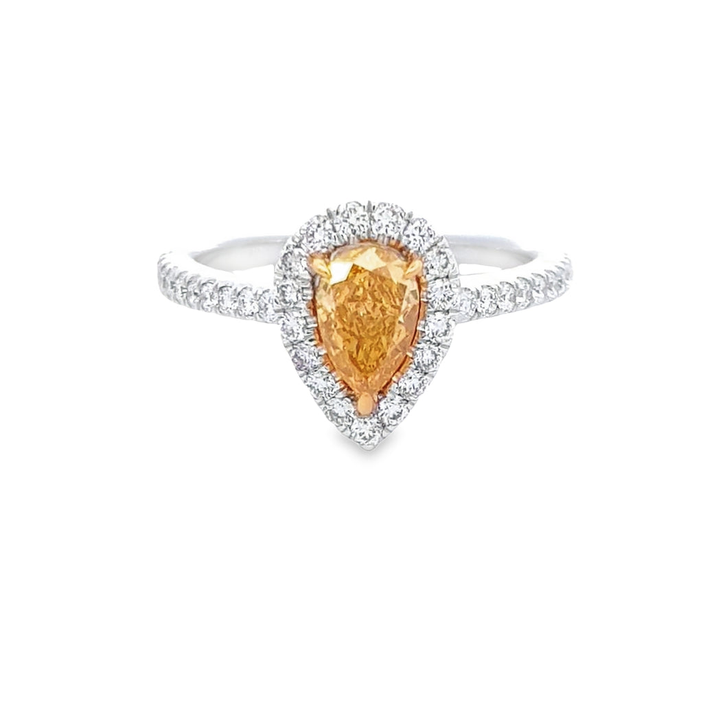 GIA 0.64ct Fancy Vivid Orange - Yellow Pear Shape Diamond Halo Ring