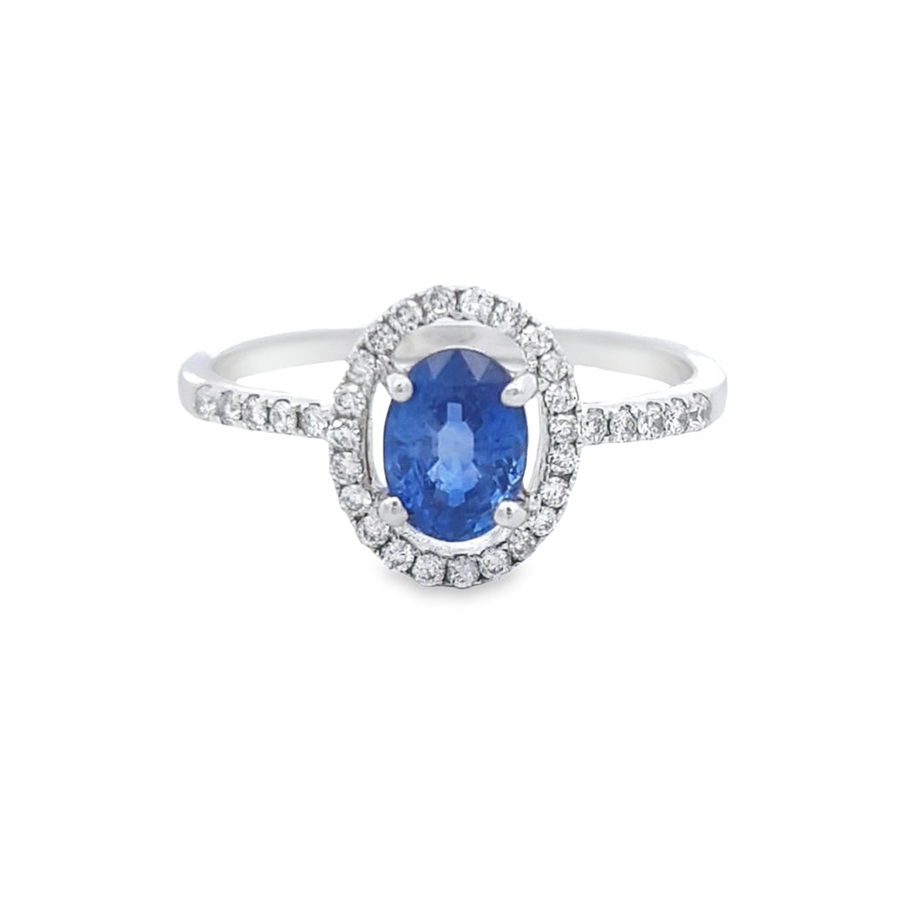 Oval Cut Sapphire & Diamond Halo Ring Set in 18ct White Gold