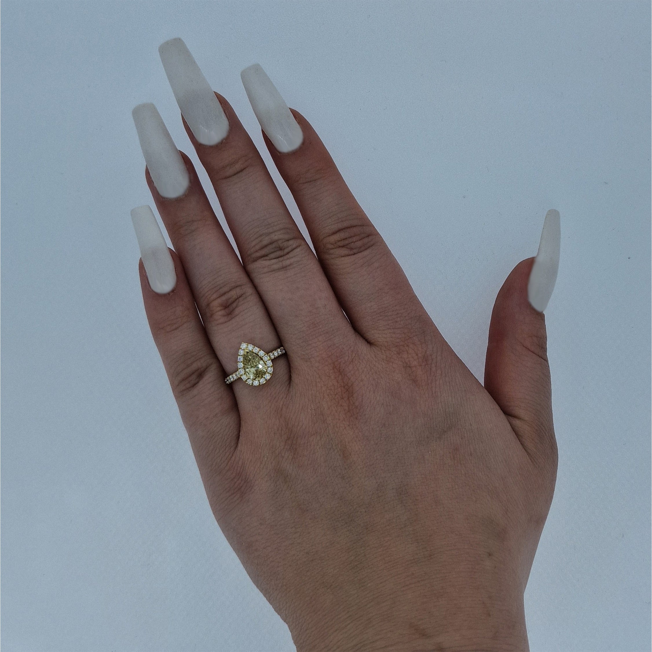 GIA 1.01ct Fancy Brownish Greenish Yellow Pear Cut Diamond Halo Ring Set in 18ct Yellow Gold