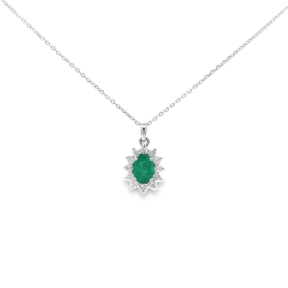 Emerald & Diamond Oval Shaped Pendant Set in 18ct White Gold