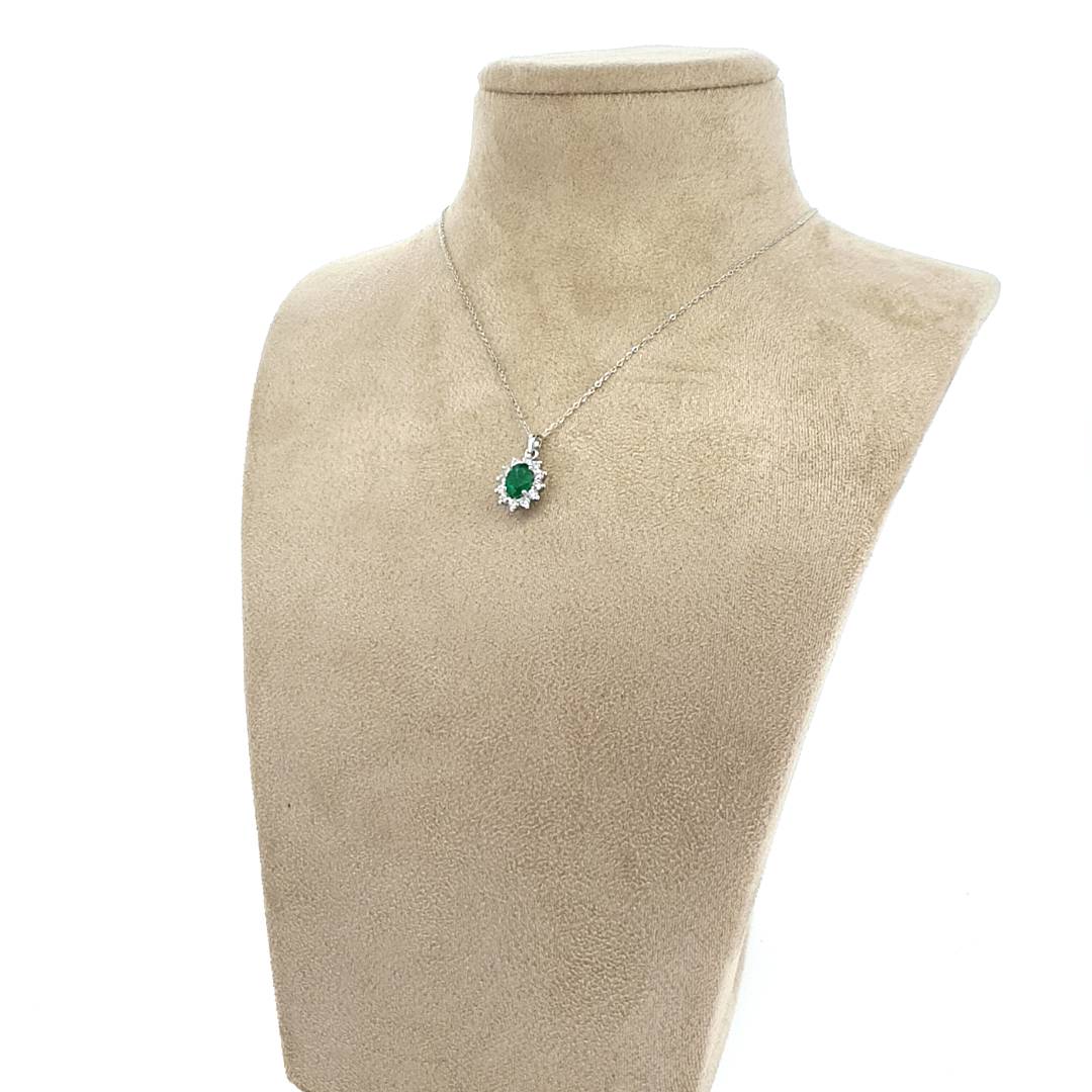 Emerald & Diamond Oval Shaped Pendant Set in 18ct White Gold
