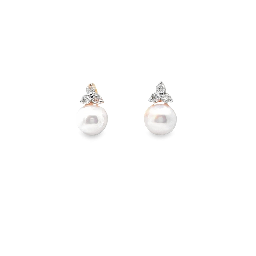 Pearl Trefoil Stud Earrings AAA Quality Akoya Pearls 8.5mm - 9mm