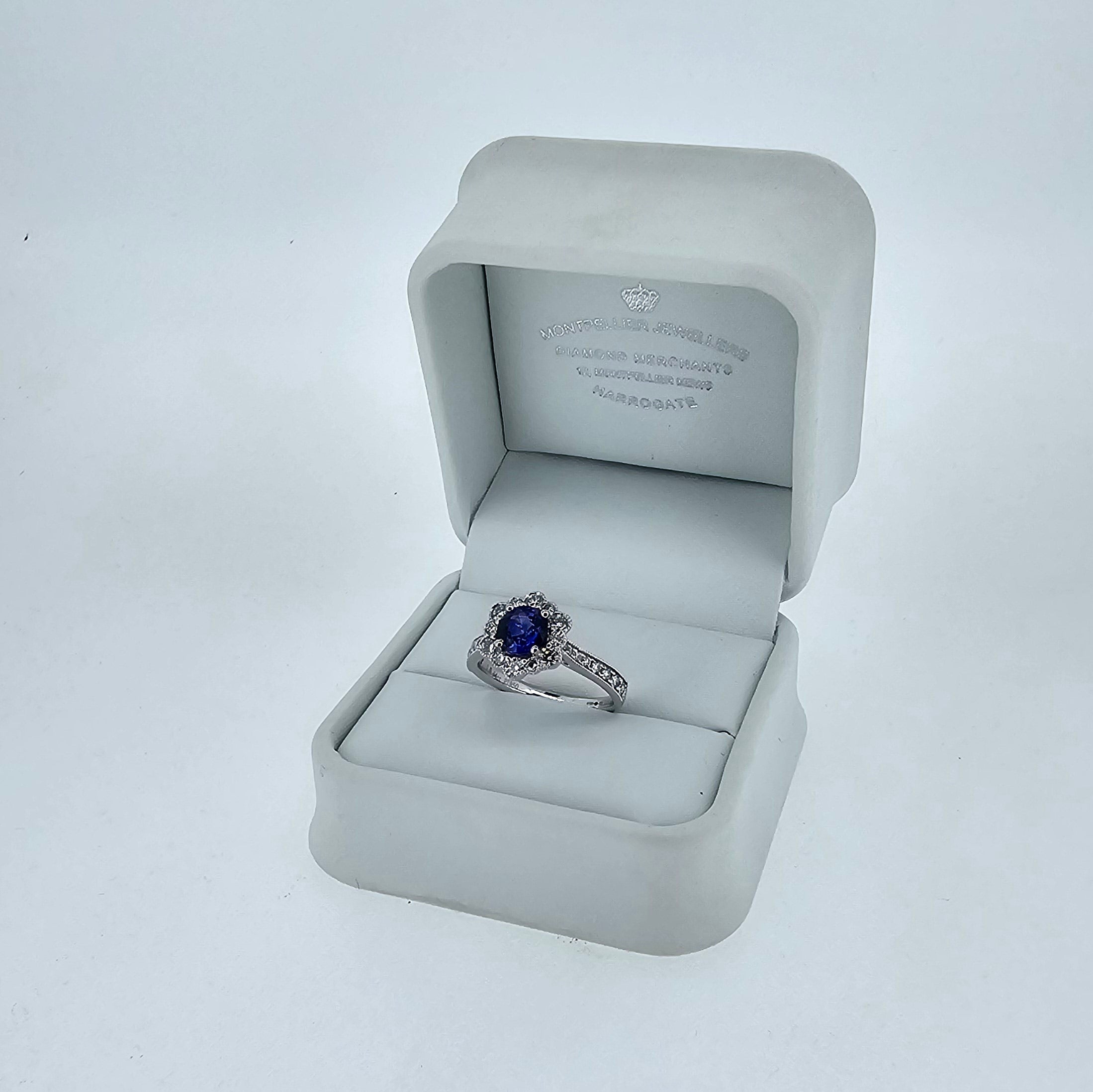 VIP Sapphire & Diamond Fancy Halo Ring Set in Platinum - Montpellier Jewellers