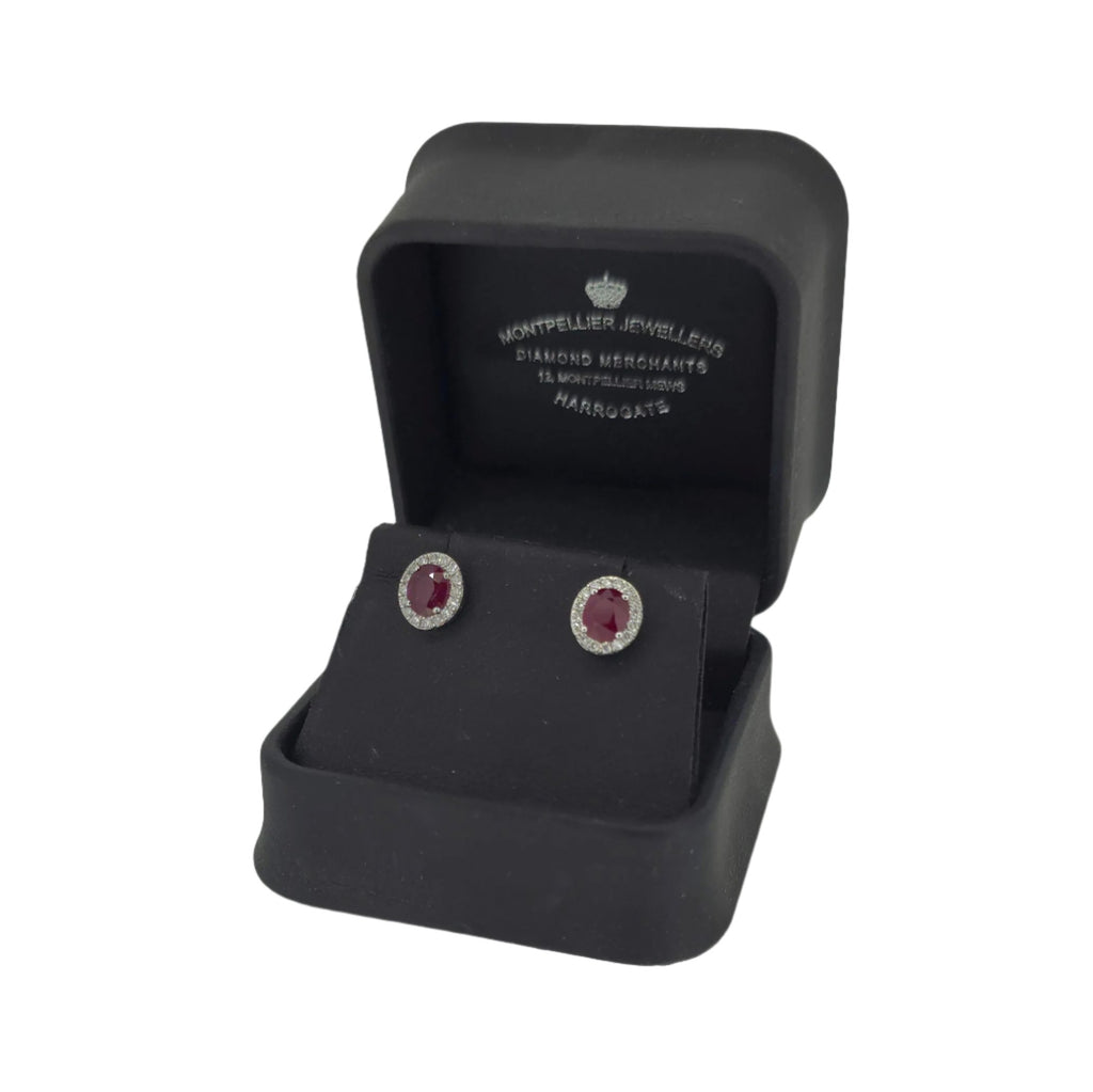 Ruby & Diamond Halo Earrings Set In 18ct White Gold