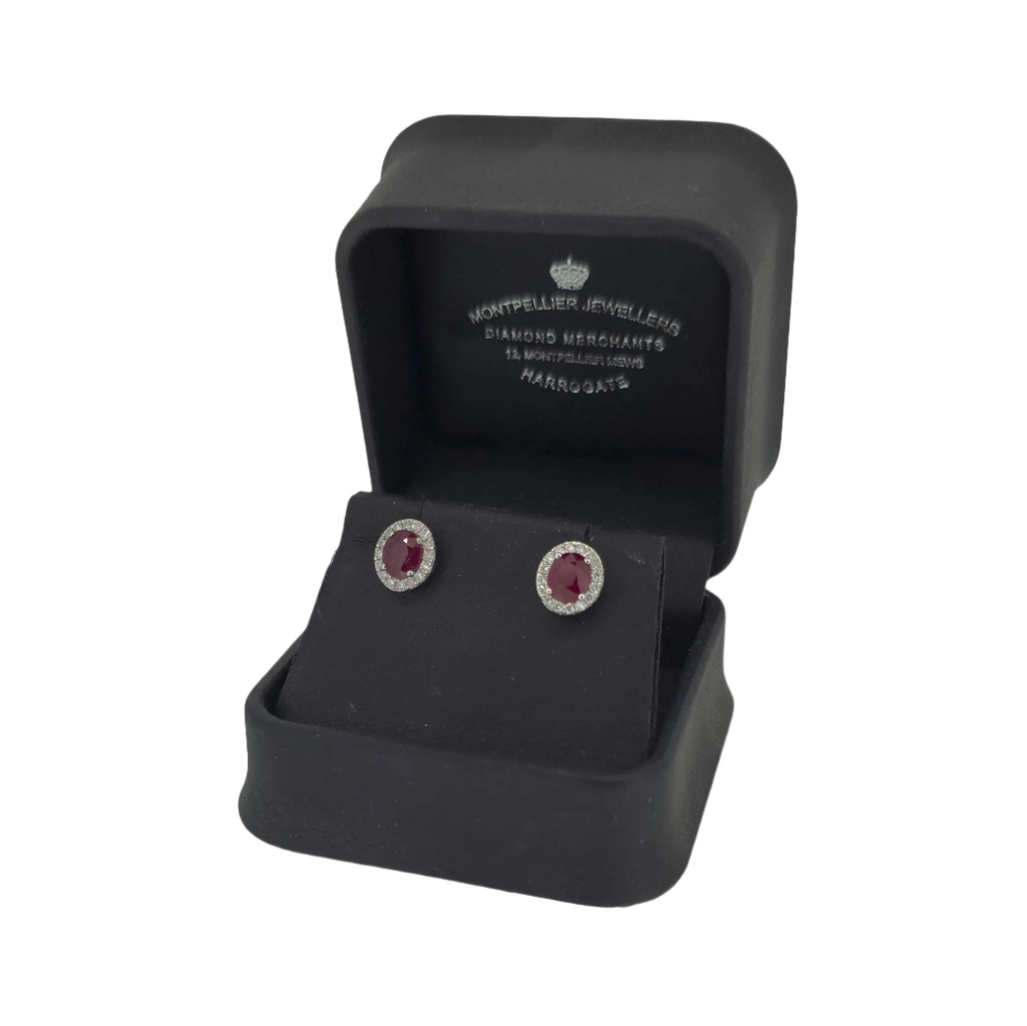 VIP Ruby & Diamond Halo Earrings Set In 18ct White Gold - Montpellier Jewellers