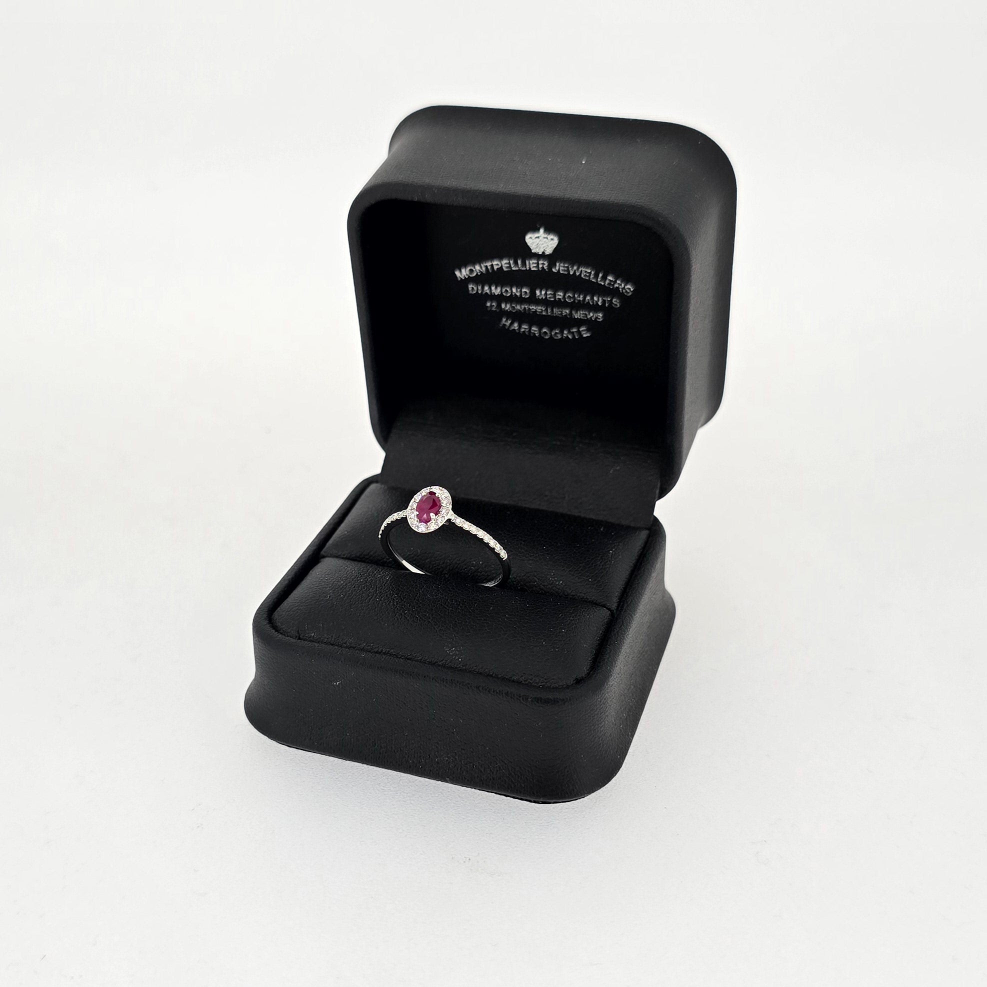 VIP Oval Cut Ruby & Diamond Halo Ring Set in Platinum - Montpellier Jewellers