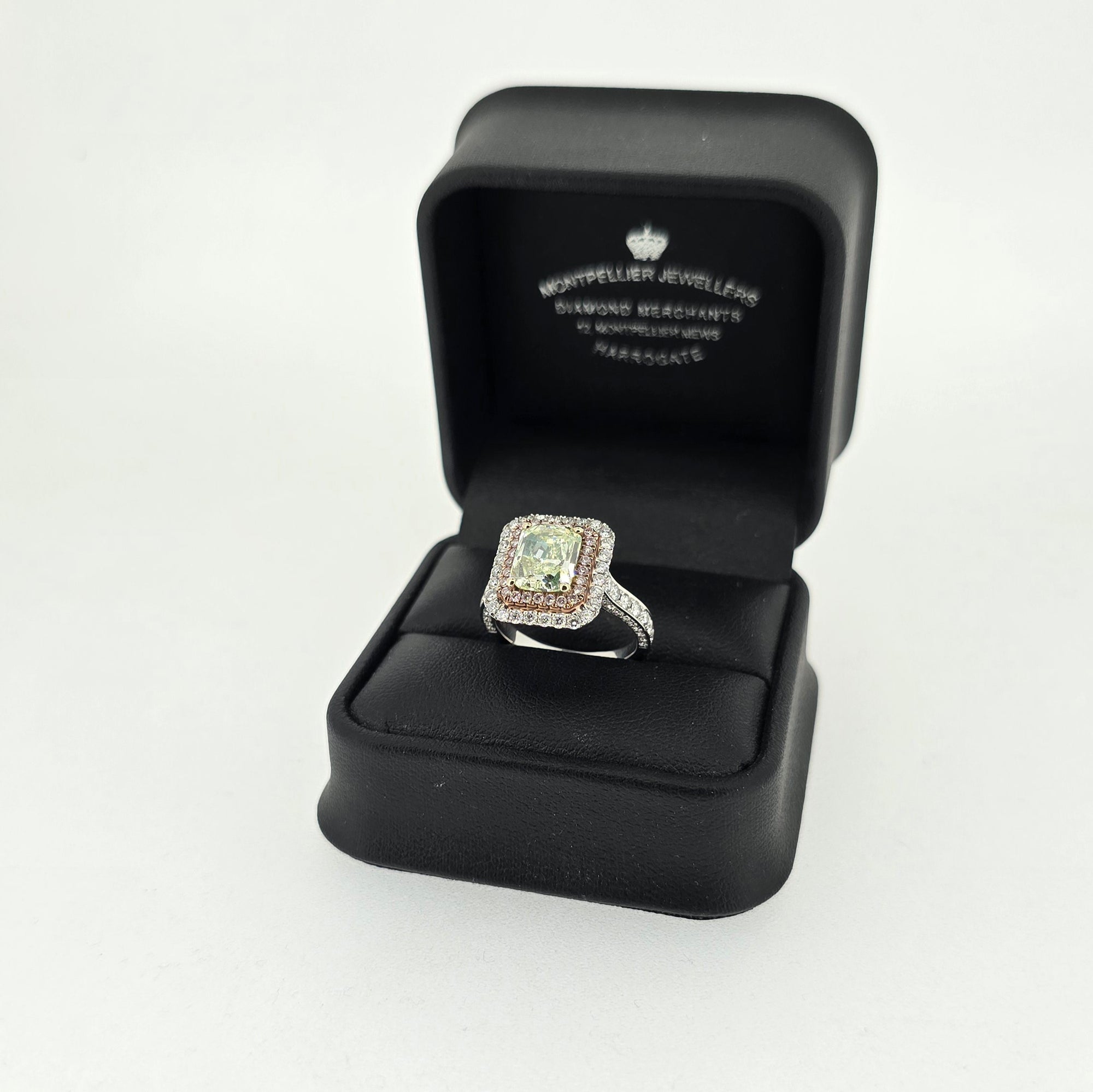 GIA 2.20ct Fancy Yellow-Green Radiant Cut Diamond Halo Ring Set in 18ct White Gold