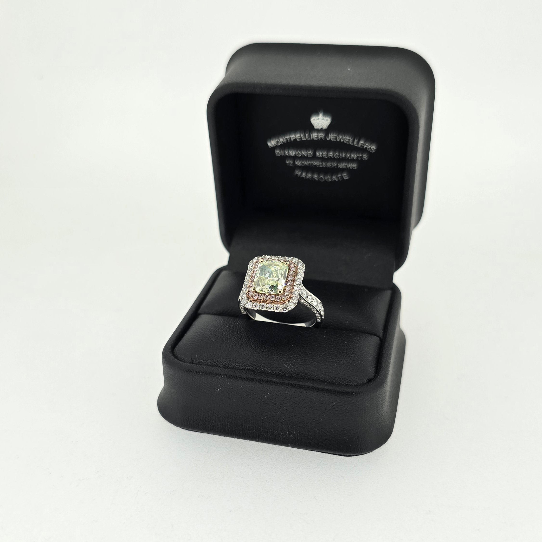 GIA 2.20ct Fancy Yellow-Green Radiant Cut Diamond Halo Ring Set in 18ct White Gold - Montpellier Jewellers