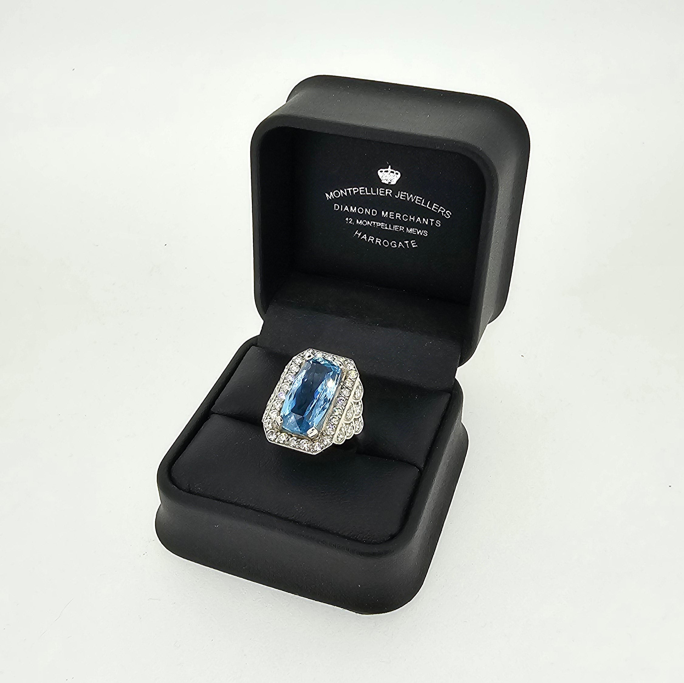 VIP 6.67ct Aquamarine & Diamond Ring Set in Platinum - Montpellier Jewellers