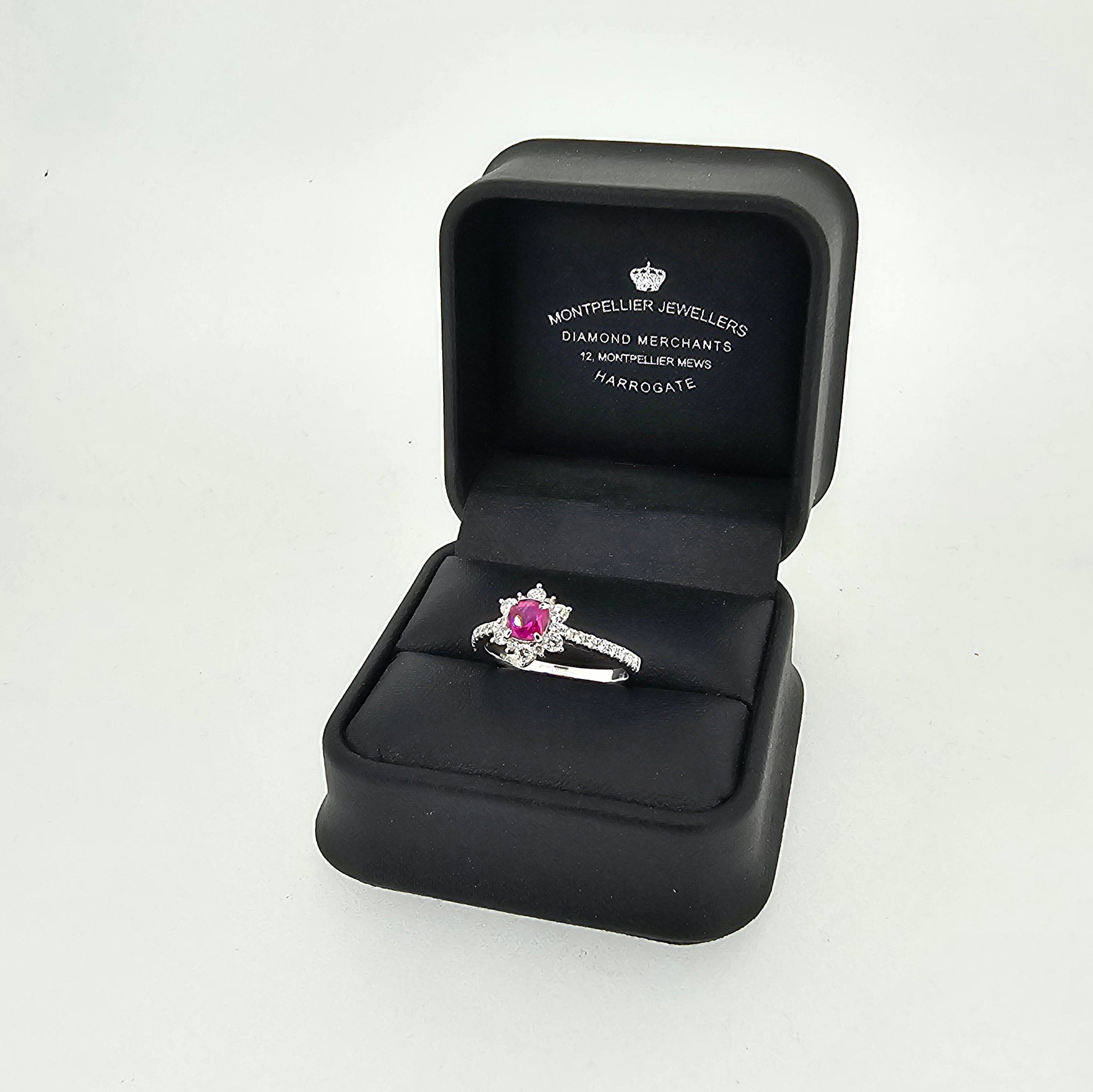 Ruby & Diamond Fancy Cluster Ring with Diamond Shoulders Set in 18ct White Gold - Montpellier Jewellers