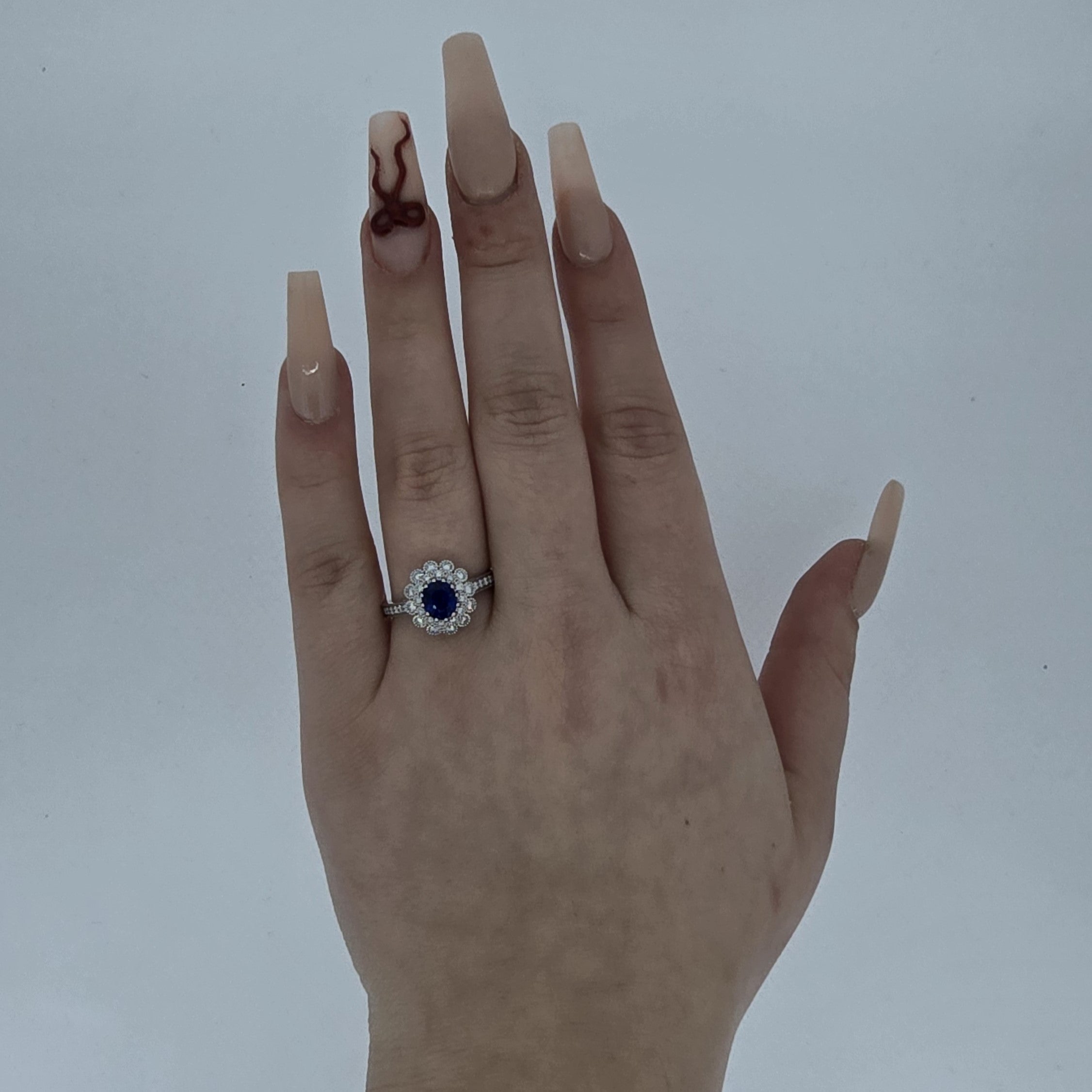 Oval Cut Sapphire & Diamond Fancy Double Cluster Ring with Diamond Shoulders Set in 18ct White Gold