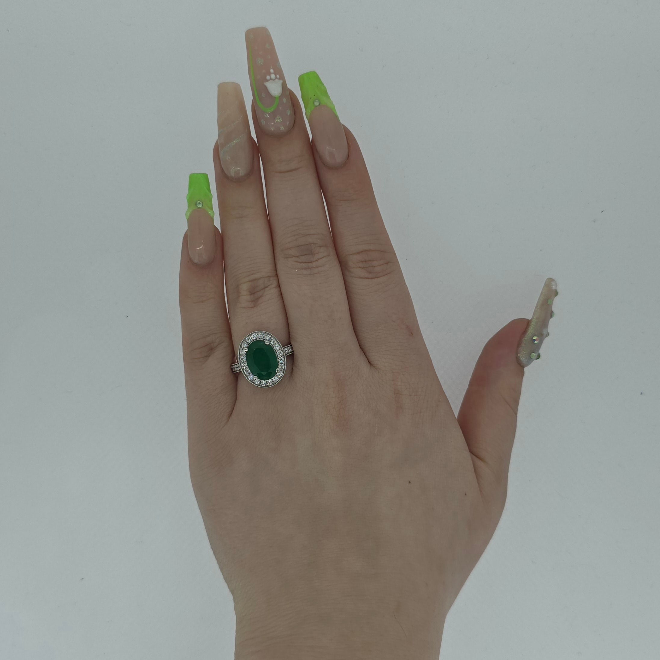 VIP 3.93ct Emerald and Diamond Halo Ring with Diamond Shoulders Set in Platinum - Montpellier Jewellers