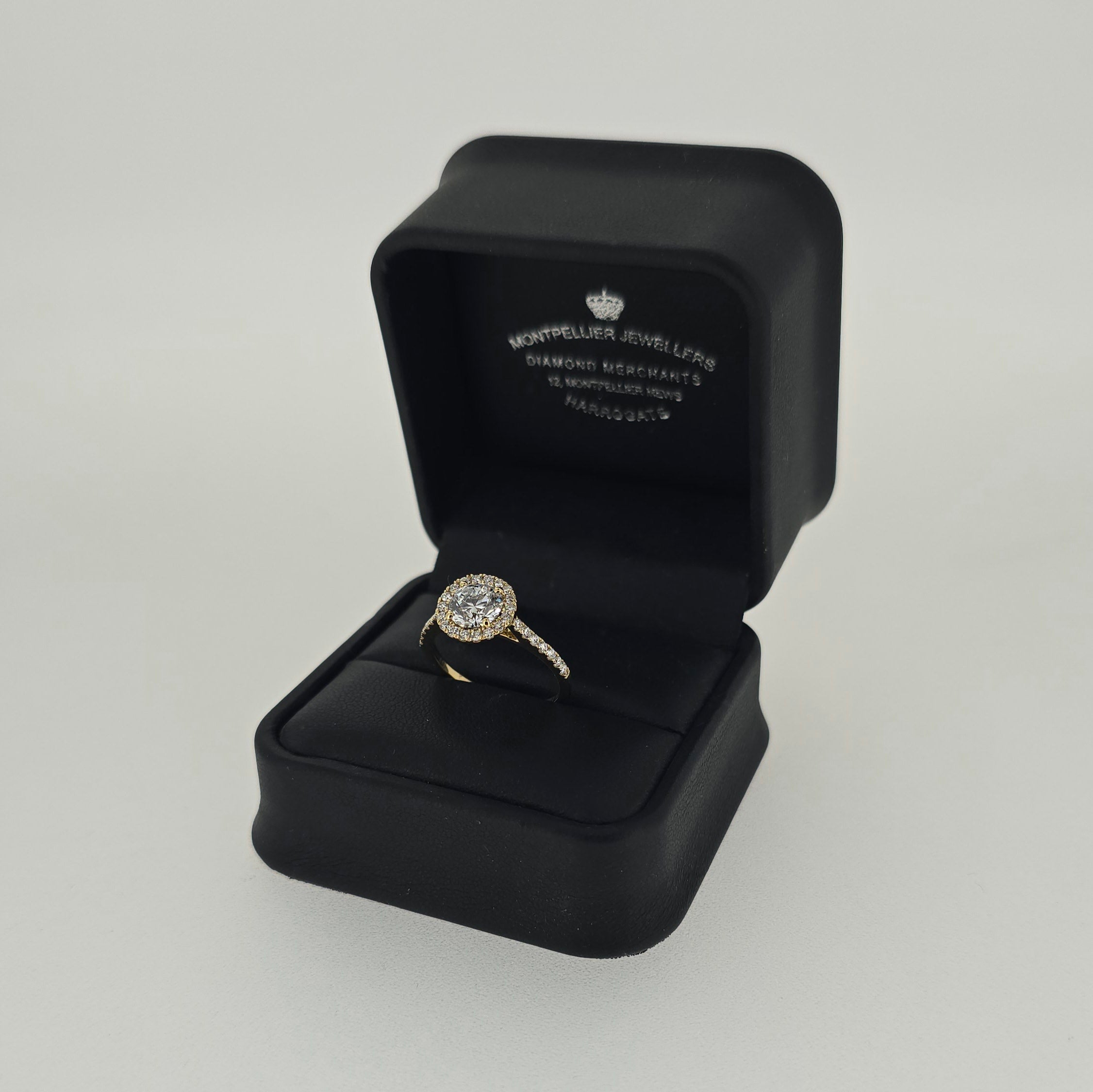1.44ct F/VS LAB Diamond Halo Ring with Diamond Shoulders set in 9ct Yellow Gold - Montpellier Jewellers
