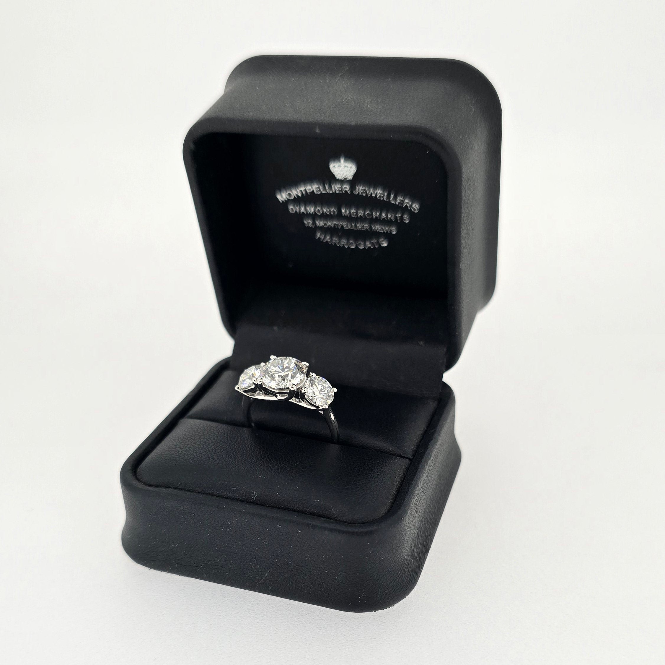 3.54ct F/VS1 Round Brilliant Cut LAB Diamond 3 Stone Ring Set in White Gold - Montpellier Jewellers