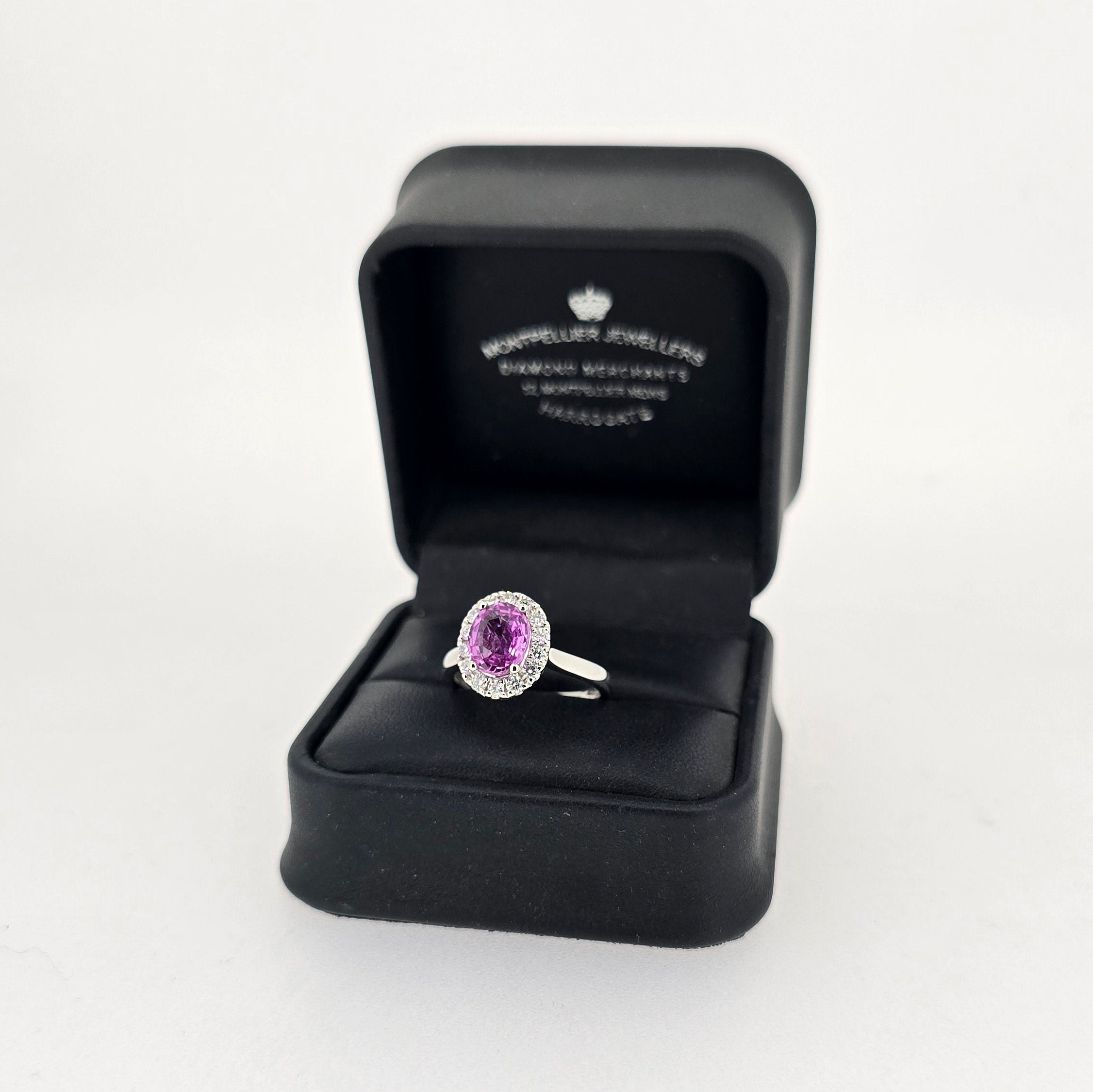 Oval Pink Sapphire & Diamond Cluster Ring Set in Platinum - Montpellier Jewellers