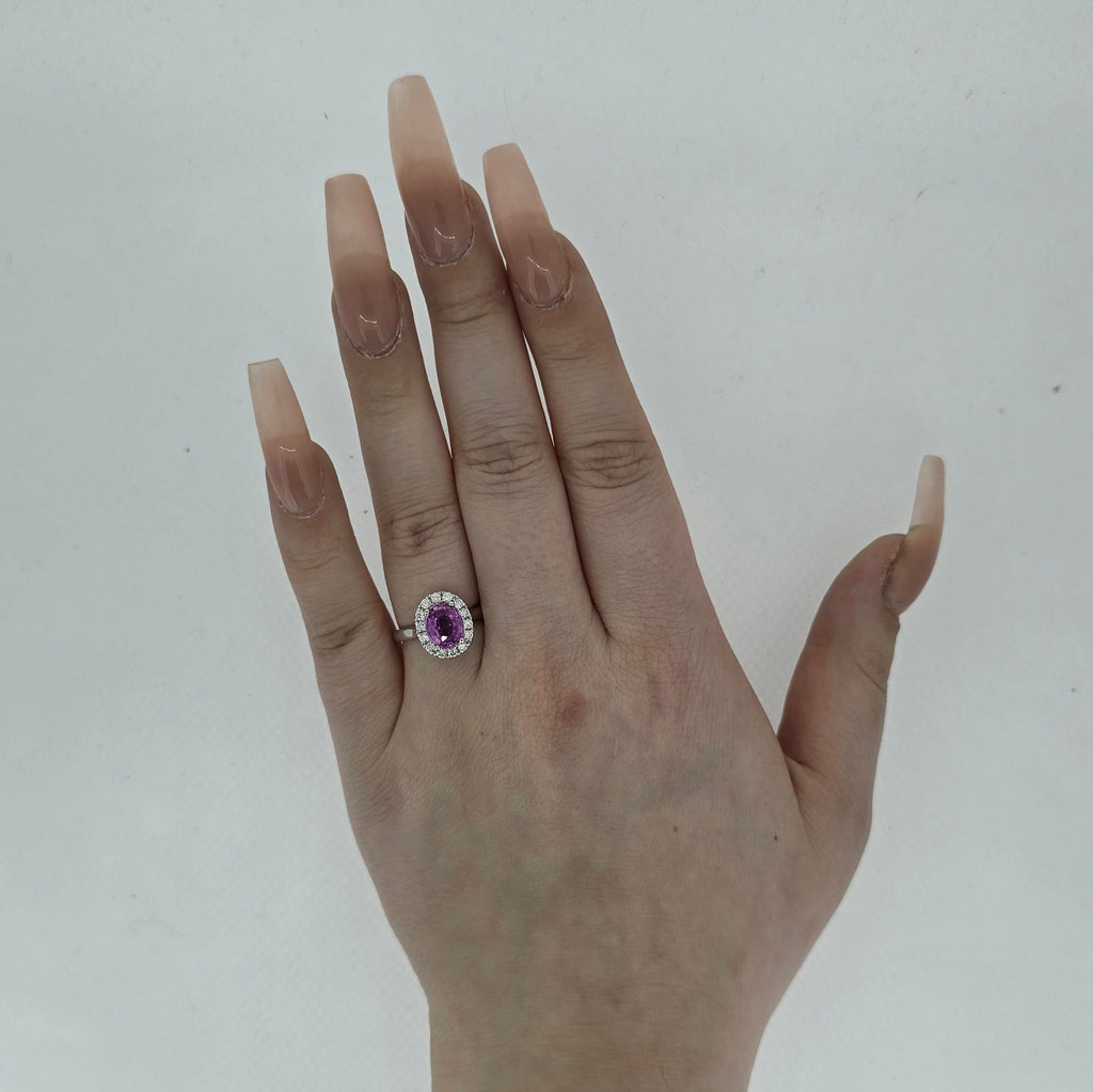 Oval Pink Sapphire & Diamond Cluster Ring Set in Platinum - Montpellier Jewellers
