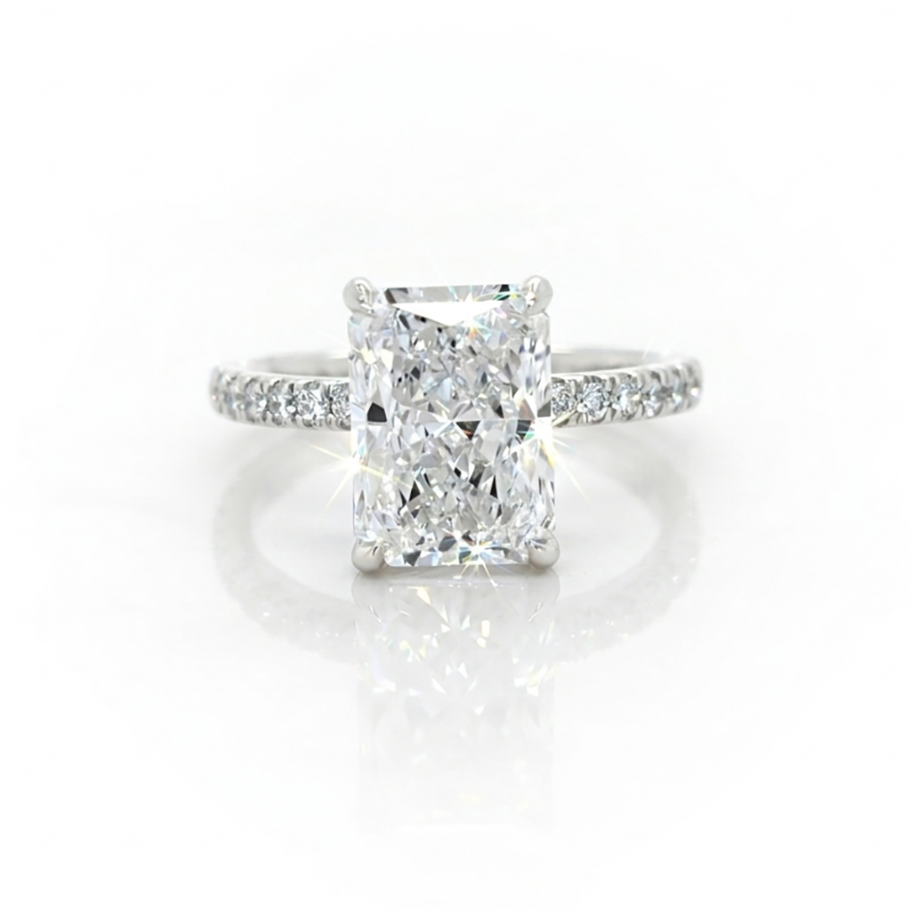 IGI 3.02ct D/VS1 Radiant Cut LAB Diamond Solitaire set in Platinum with Diamond Shoulders - Montpellier Jewellers