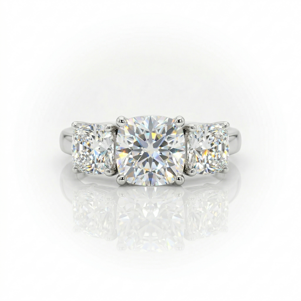 4.54ct F/VS1 Square Cushion Cut LAB Diamond 3 Stone Ring Set in White Gold