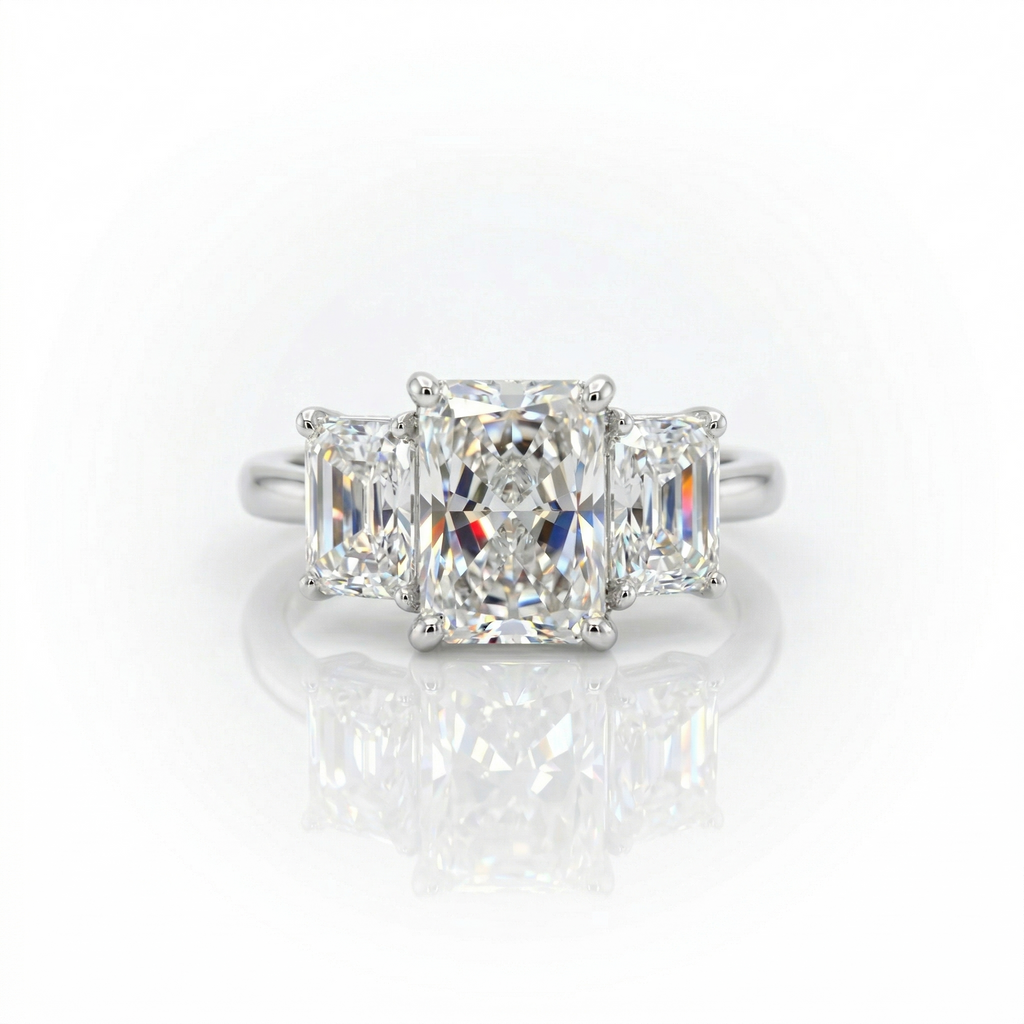 4.92ct G/SI1 Radiant Cut LAB Diamond 3 Stone Ring Set in White Gold