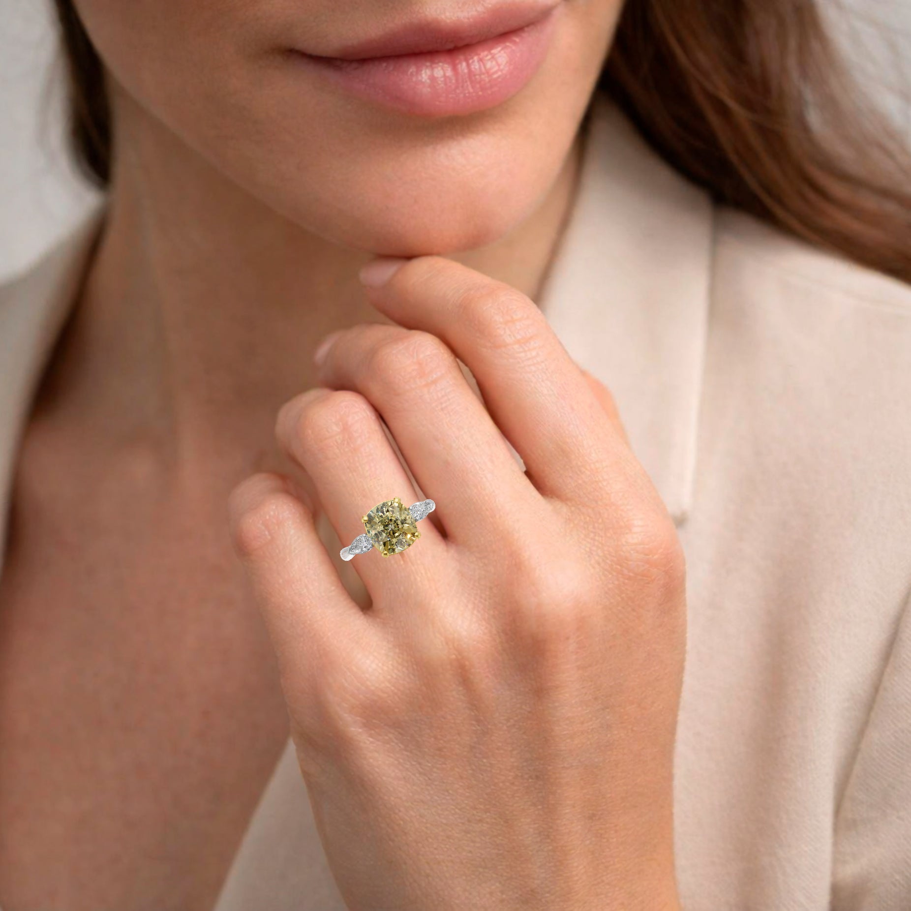 GIA 4.52ct Cushion Cut Fancy Intense Yellow Diamond Ring
