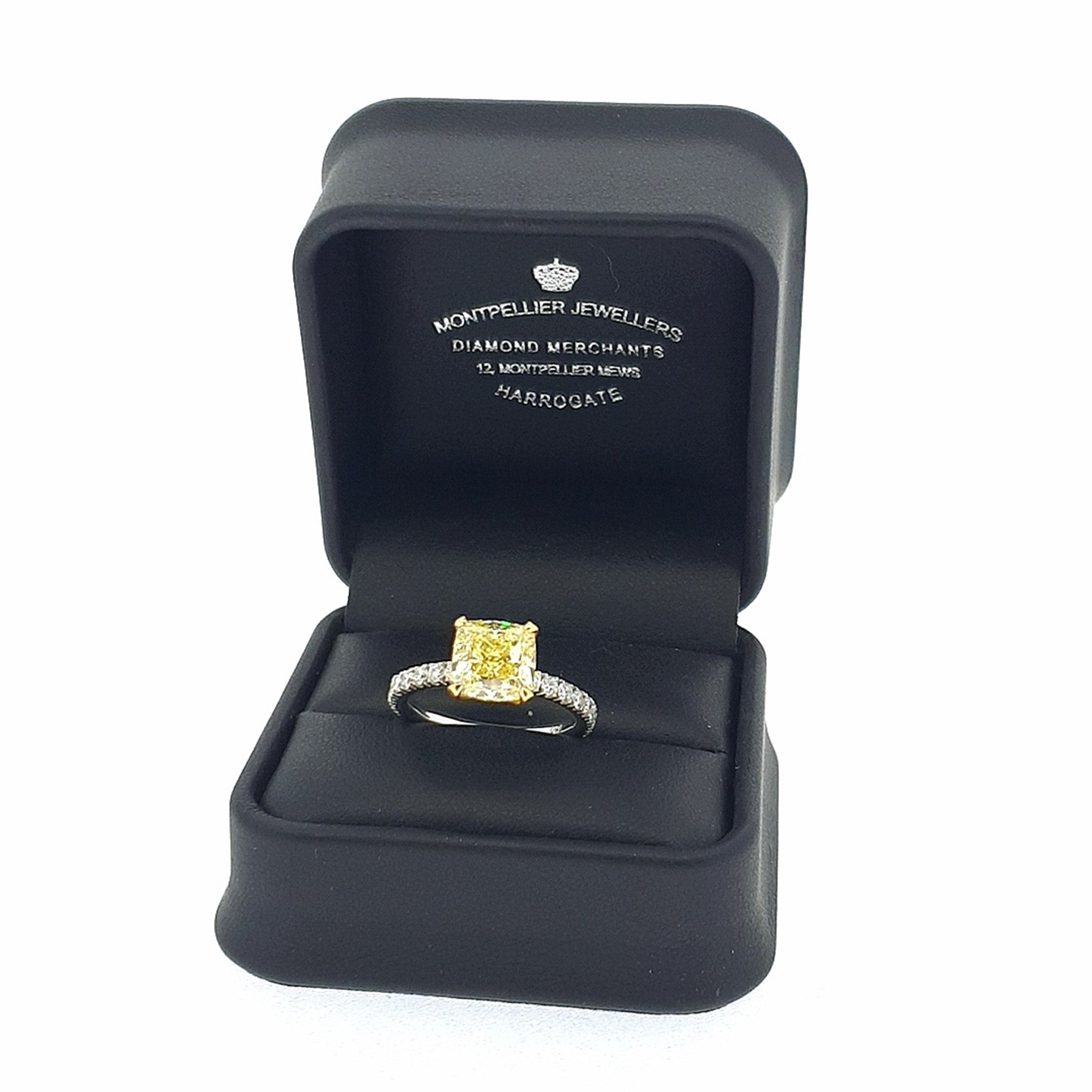 GIA 3.57ct Fancy Yellow Cushion Cut Diamond Ring