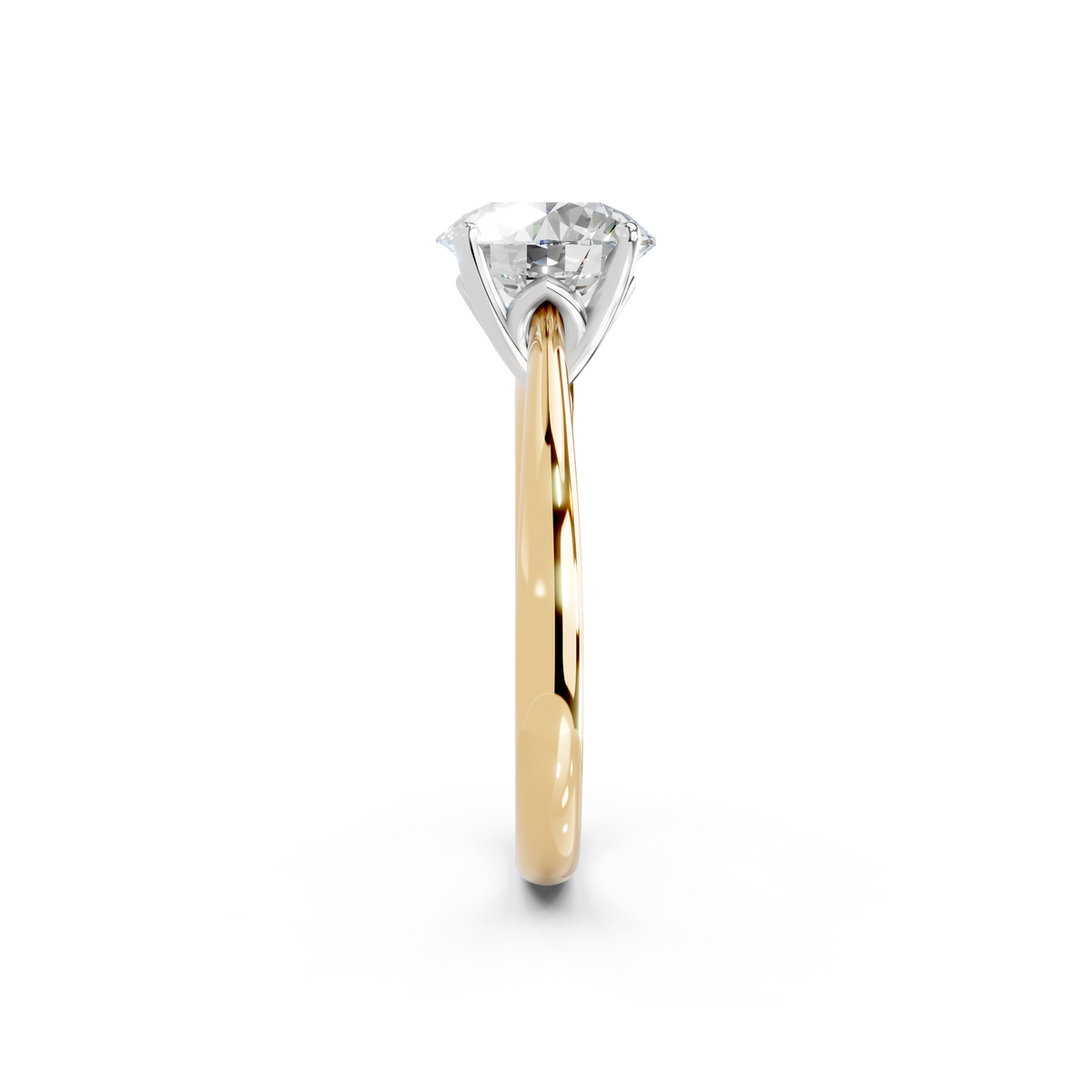 GI 2.00ct lab grown round diamond solitaire engagement ring in 18ct yellow gold – 4-claw setting side profile