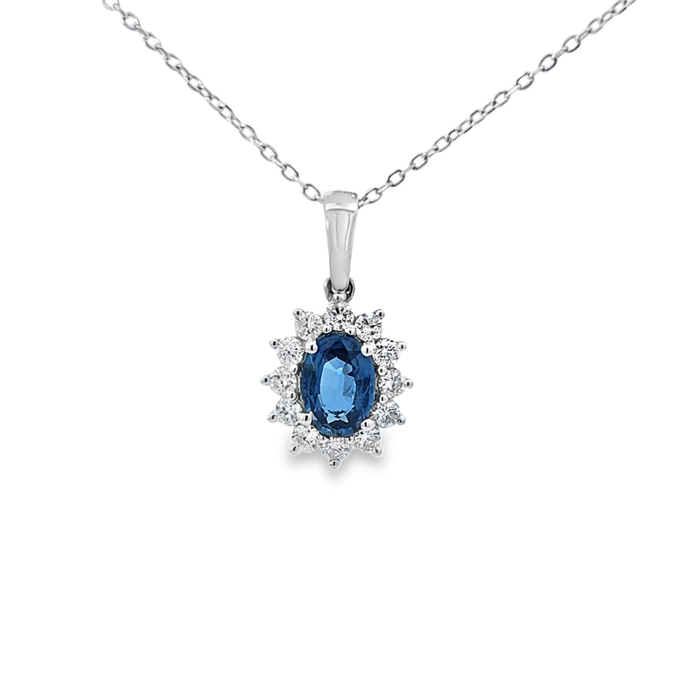Sapphire & Diamond Oval Shaped Pendant Set in 18ct White Gold