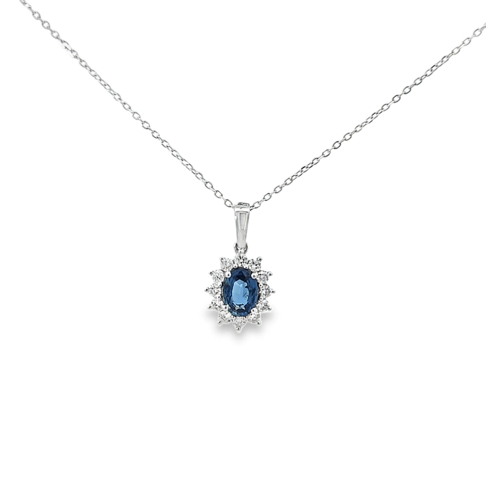 Sapphire & Diamond Oval Shaped Pendant Set in 18ct White Gold